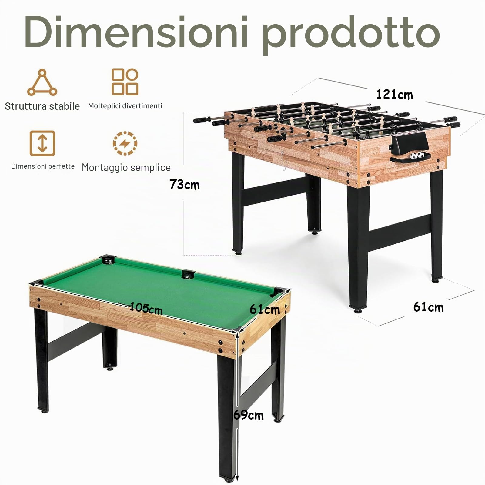 Tavolo Multigioco 4 in 1 Legno Calcio Balilla Biliardo Ping Pong Air Hockey 122x61x73 cm