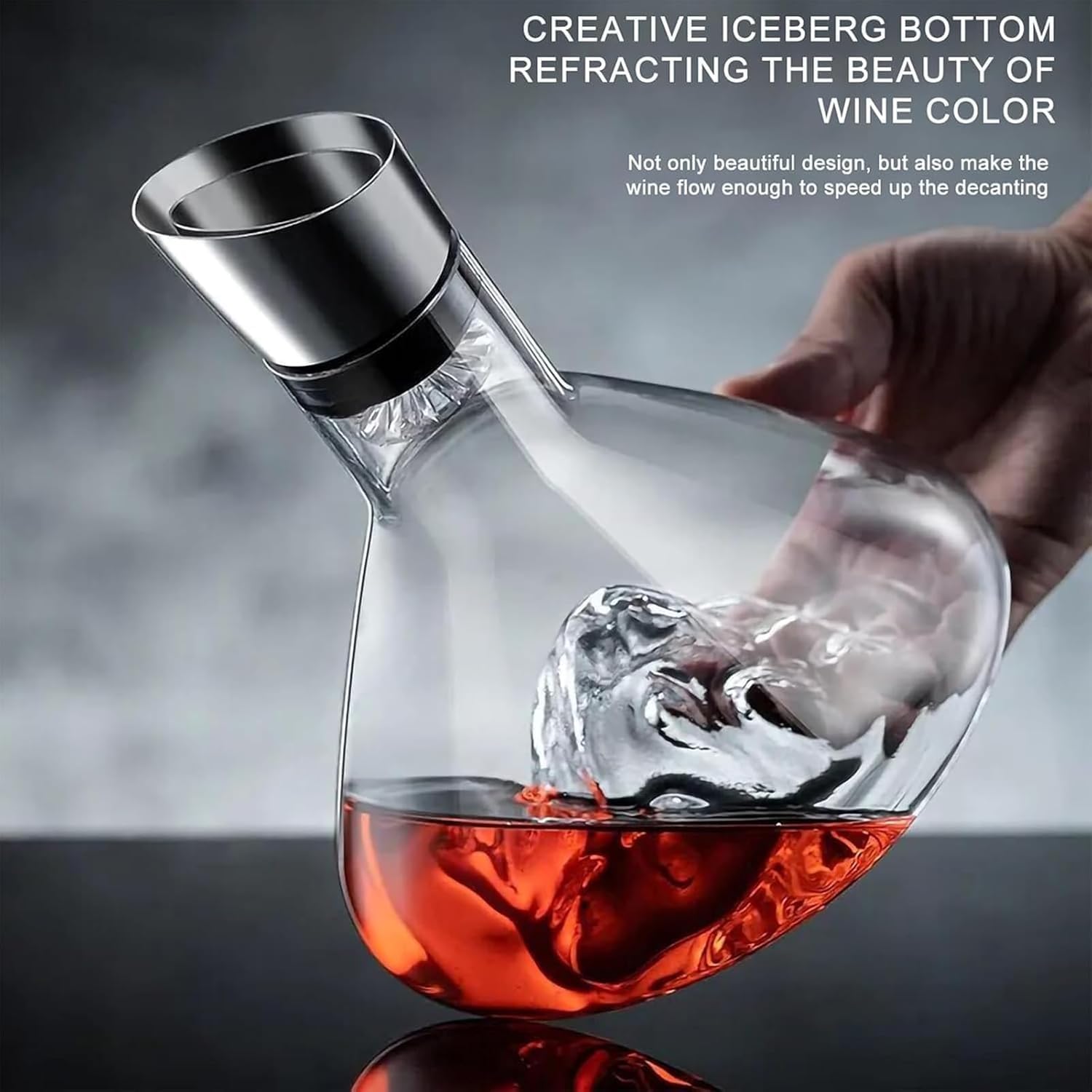 Dekanter do wina Iceberg, 1800 ml, napowietrzacz filtra ze stali nierdzewnej, dmuchane szkło kryształowe, zestaw upominkowy (B)