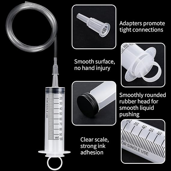 Threlaco 4 Pack Large Syringe with Tube Plastic Big Syringe for Thick Liquids Plastic Tubing and Luer Connections for Feeding Industrial Liquid Measuring Watering Refilling Feeding(100ml)