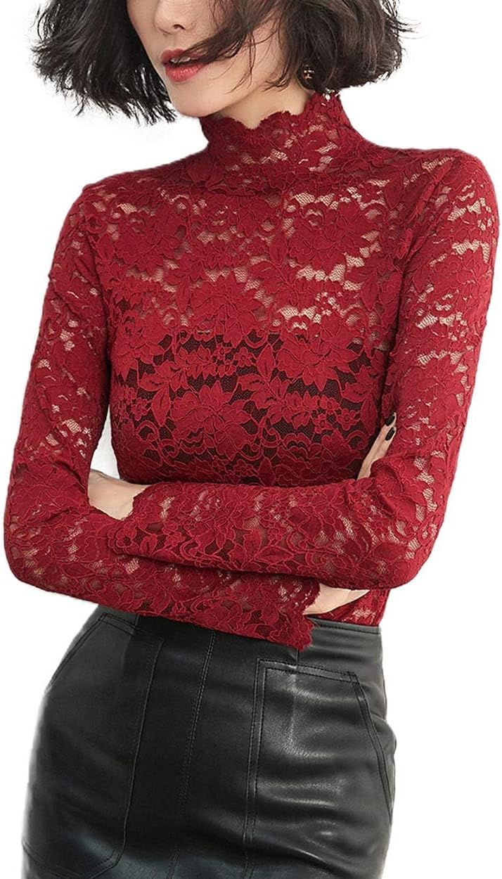 Women's Floral Lace Top Sexy Long Sleeve Mock Neck Casual Shirt Going Out Blouse - Image 3