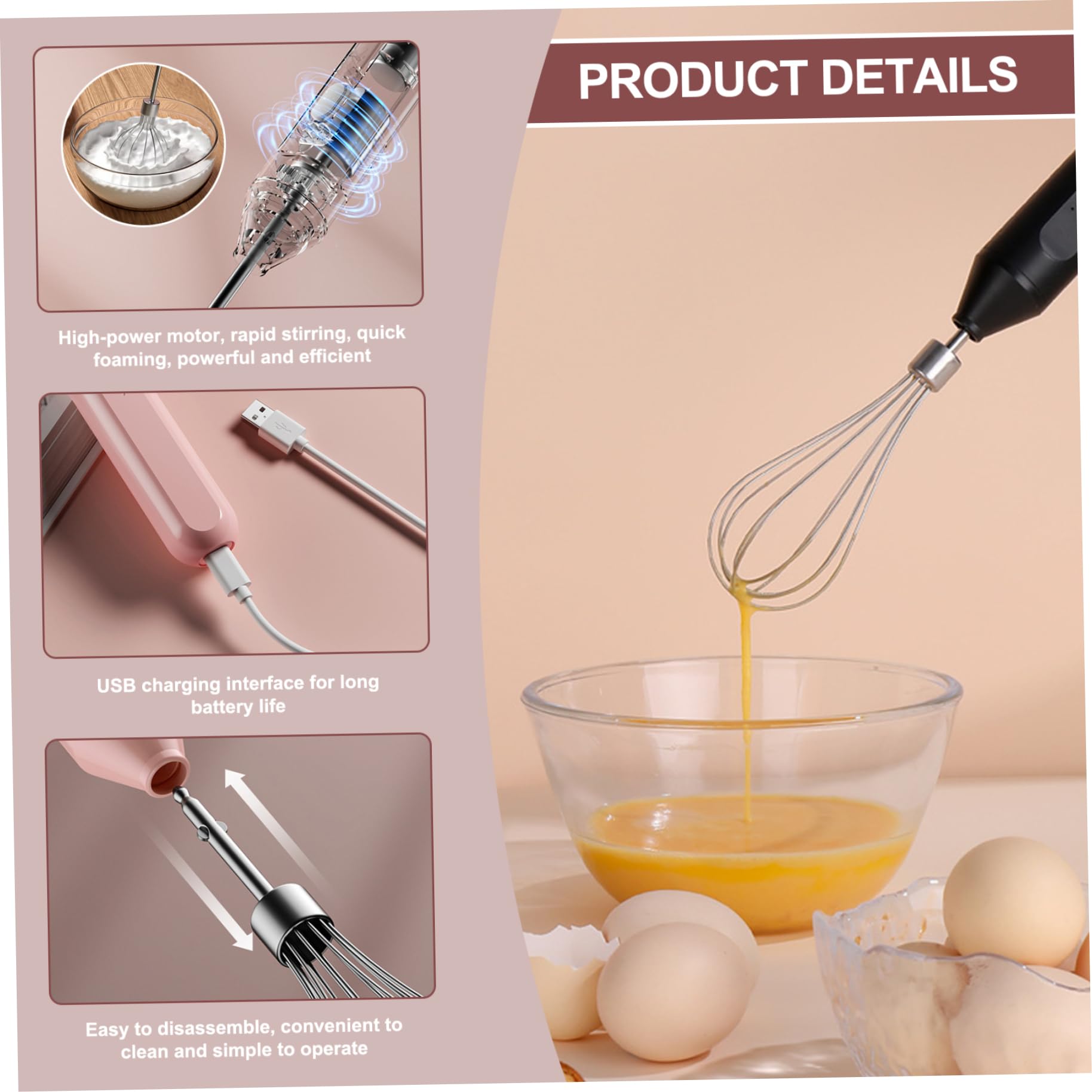 Electric Egg Beater, Multifunctional 3 Speed USB Rechargable Handheld Egg Beater Small Lightweight for Milkshake Cream, Cake, Baking