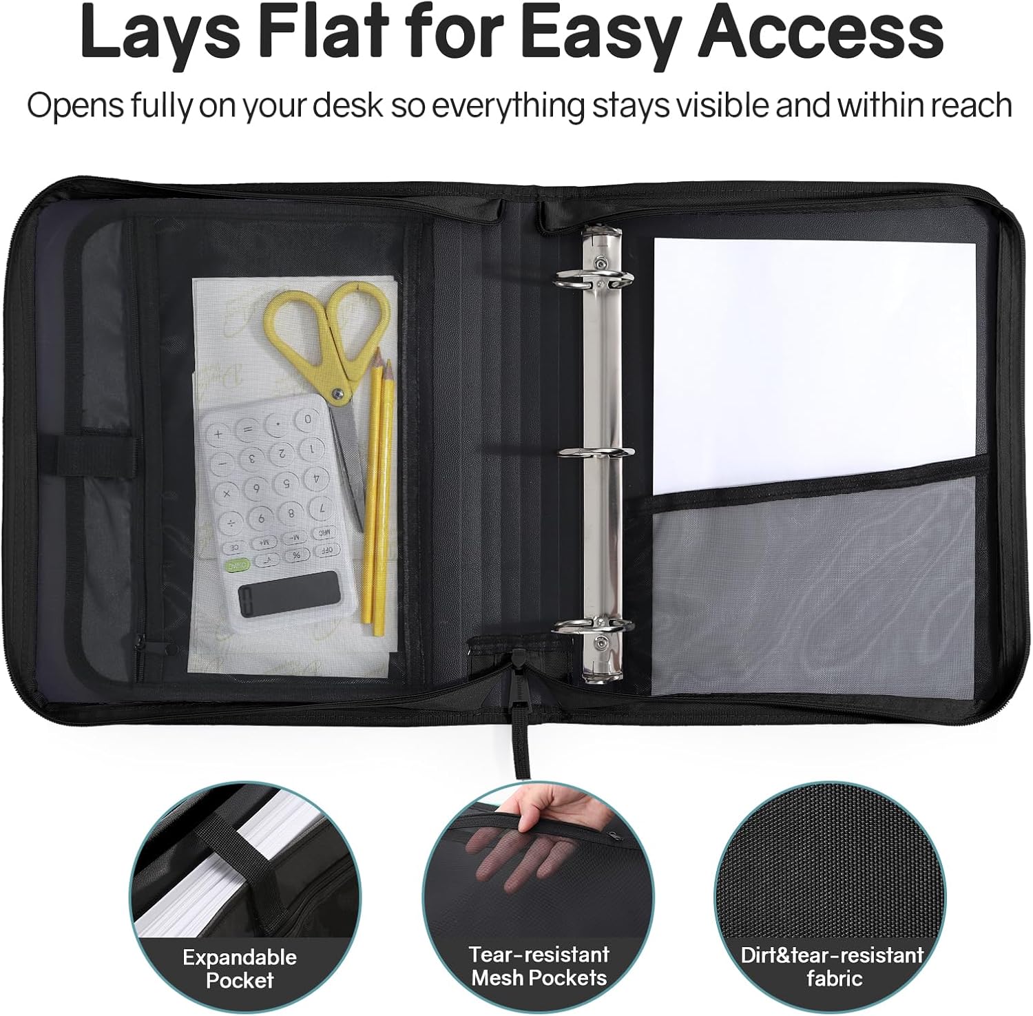 SUNEE Zippered Binder Bag with Handle, 2-Inch 3-Ring O-Ring, 500-Sheet Capacity, Includes Zip Pocket, 5-Tab Expanding File Folder, Multi-Pocket Organizer Binder for Middle School, Black