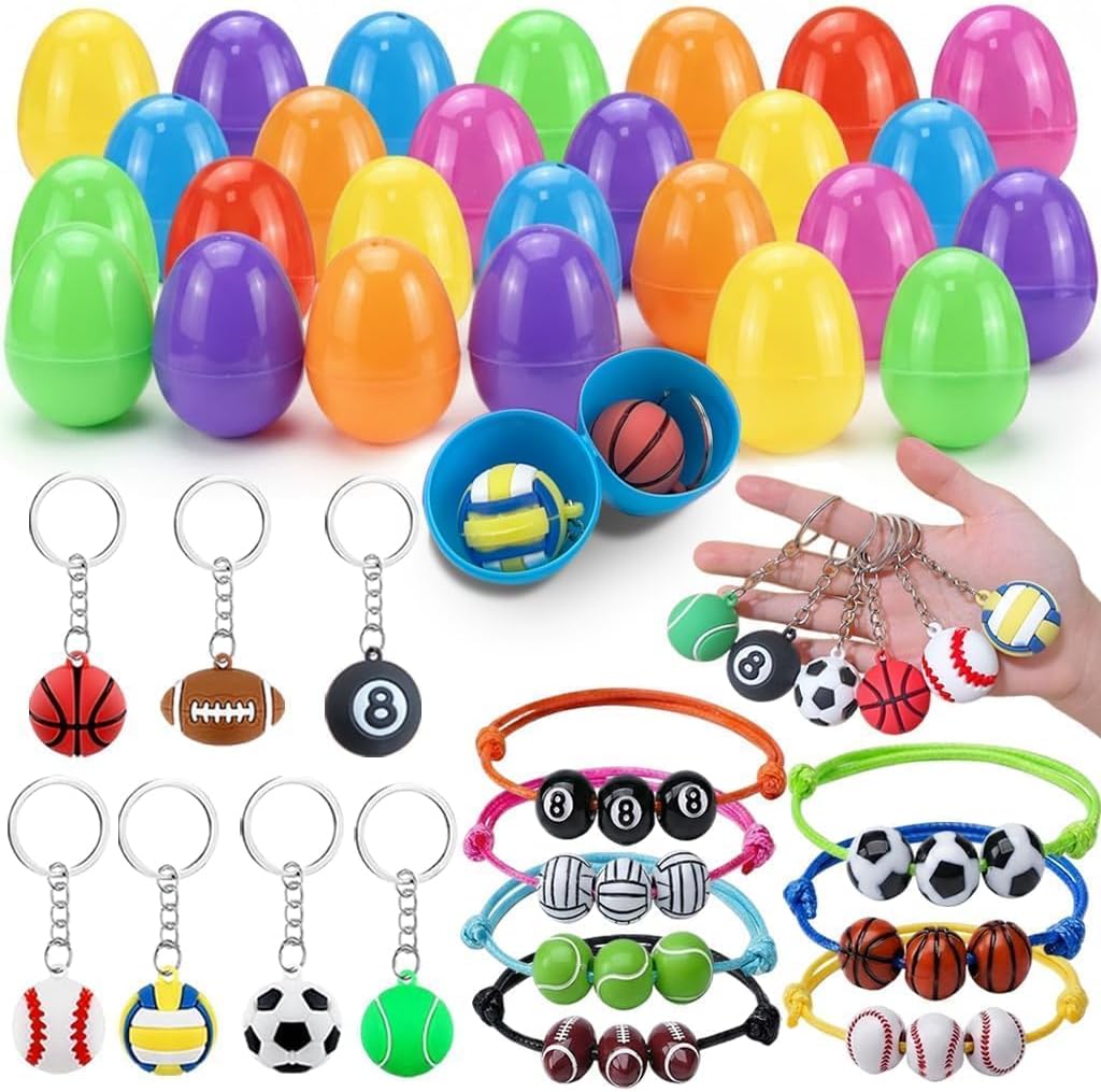 Easter Egg Fillers with Toys 84 Pcs Easter Eggs Filled with Keychains & Bracelets Easter Basket Stuffers for Kids, Boys,Girls Bulk Easter Egg Hunt Fillers,Exchange Gifts,Party Favors