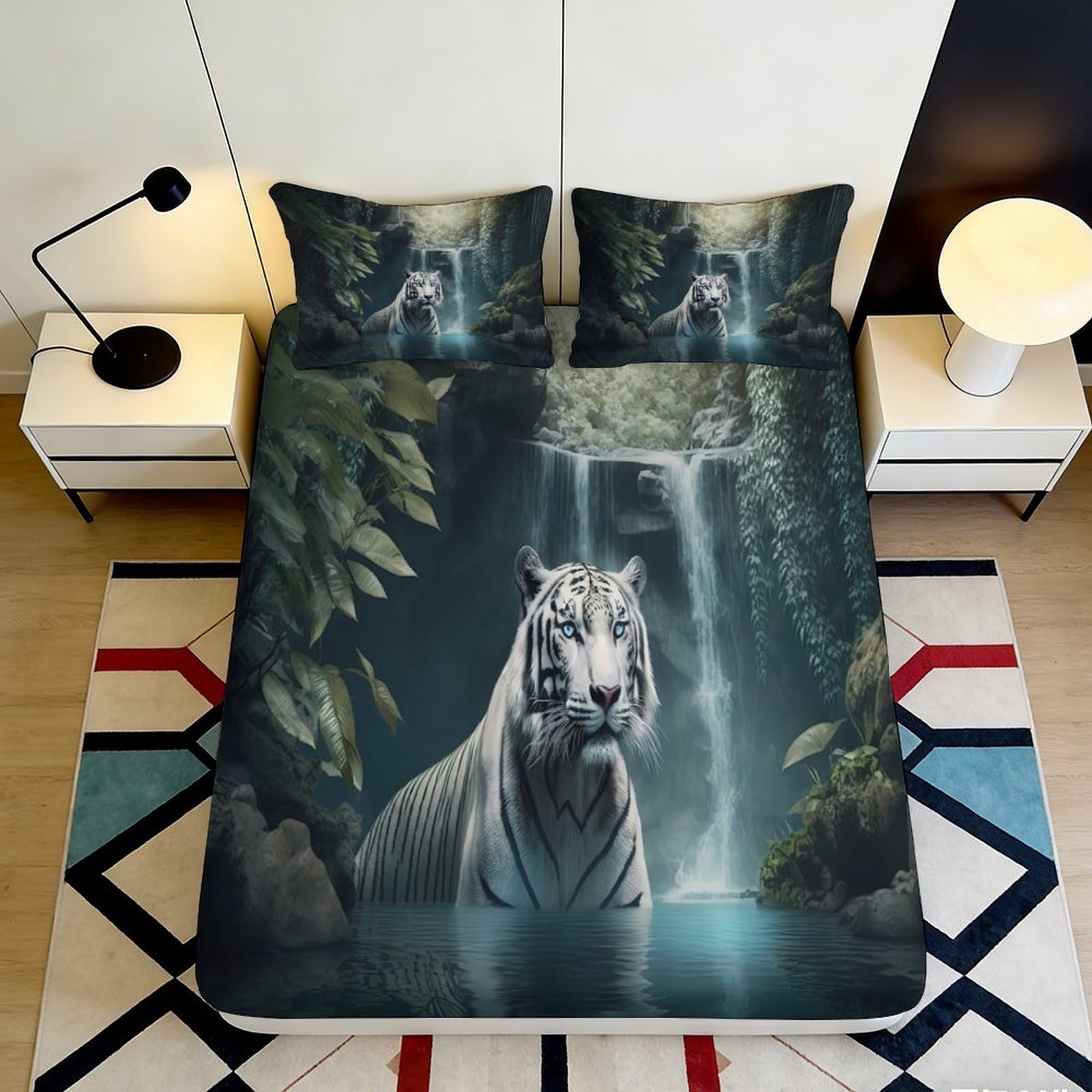 Jqzkxnhpbr Style-8 3D Printed White Tiger Waterfall Fitted Sheet Microfiber Soft Bed Cover For Bedroom Guest Room Mattress Decor 90X200x25cm