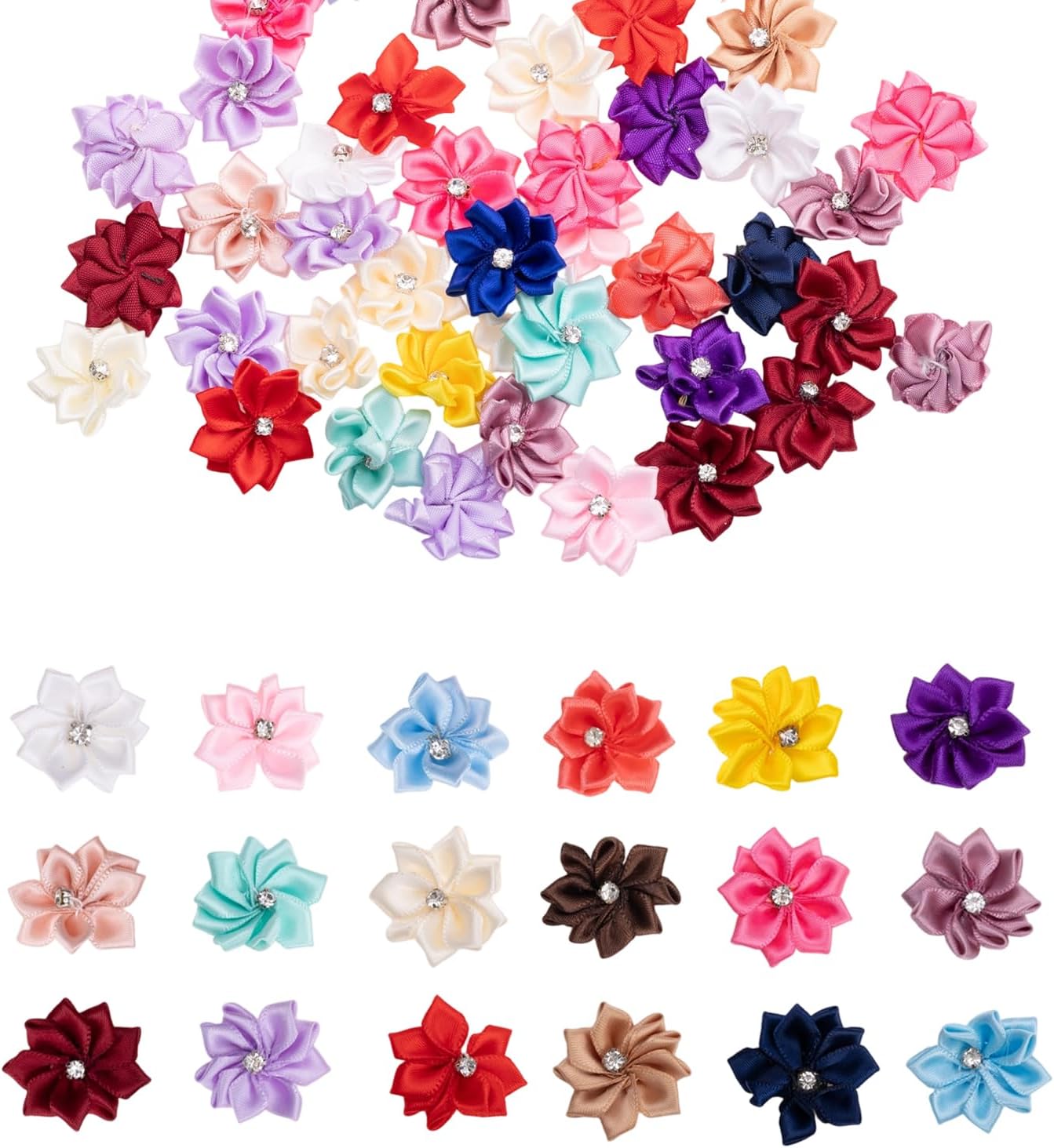 50 Pcs 1.2inch Multi-Color Ribbon Flower Mini Flowers for Crafts, Satin Ribbon Flowers Bows Mini Embellishments for Wedding Dec, DIY, Home Decor