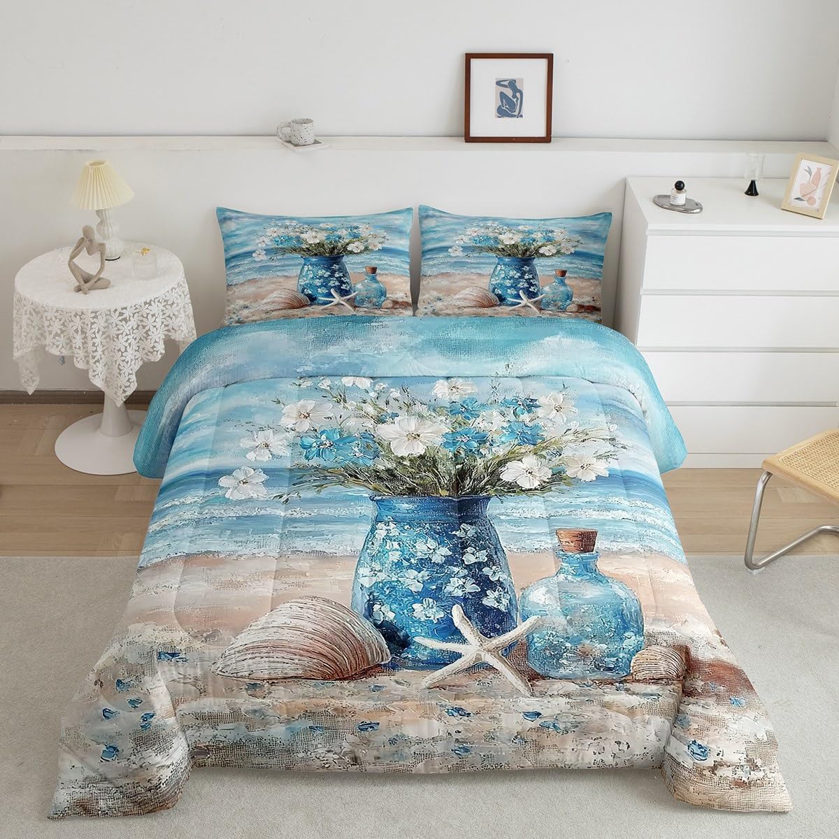jejeloiu Blue Beach Comforter Set King Size Kids Daisy Flroal Bedding Set for Boys Girls Teens Starfish Coastal Ocean Comforter Breathable Ocean Marine Duvet Set Room Decor Quilt Set