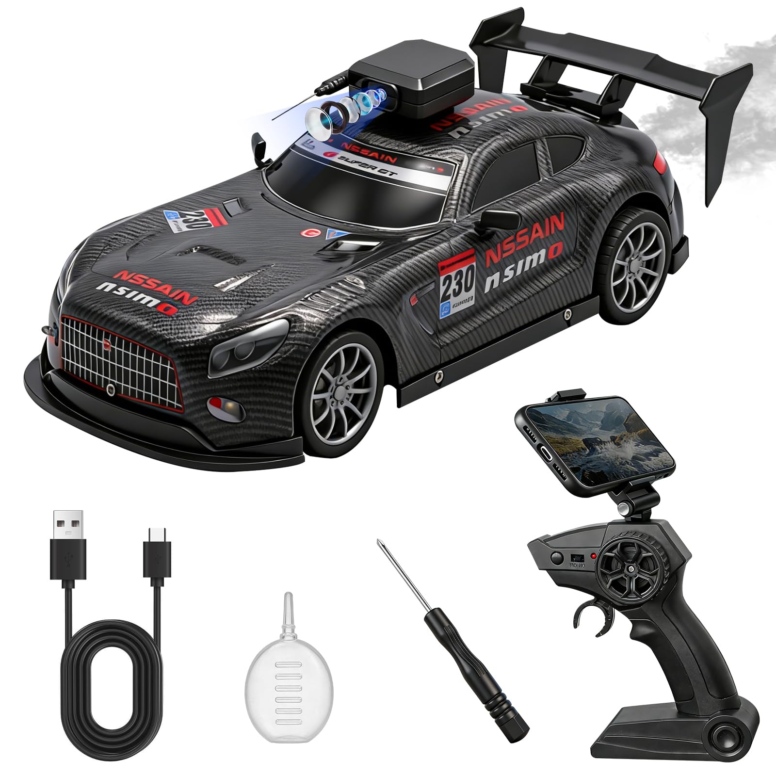 Coche Todoterreno Teledirigido 2.4G con Cámara,1:16 Coche de Carreras de Juguete de Alta Velocidad con Pulverizador y Faros, Transmisión Gráfica en Tiempo Real por WiFi, RC Car
