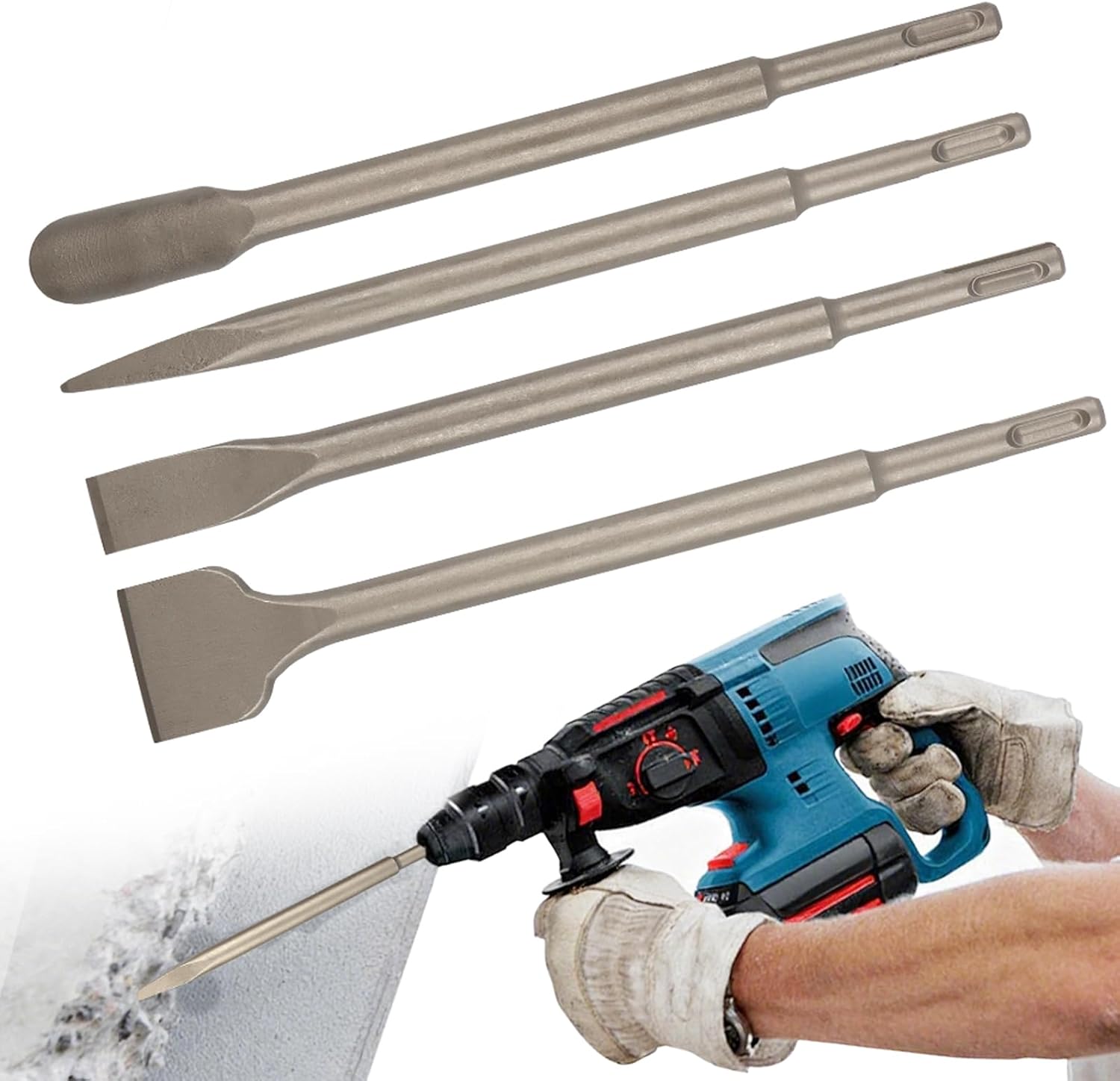 4pcs SDS Chisel Set, Tile Removal Chisel Bits, Heavy-Duty SDS Plus Bits for Hammer Drill, Includes Flat, Pointed & Tile Chisels for Concrete Demolition and Thinset Removal