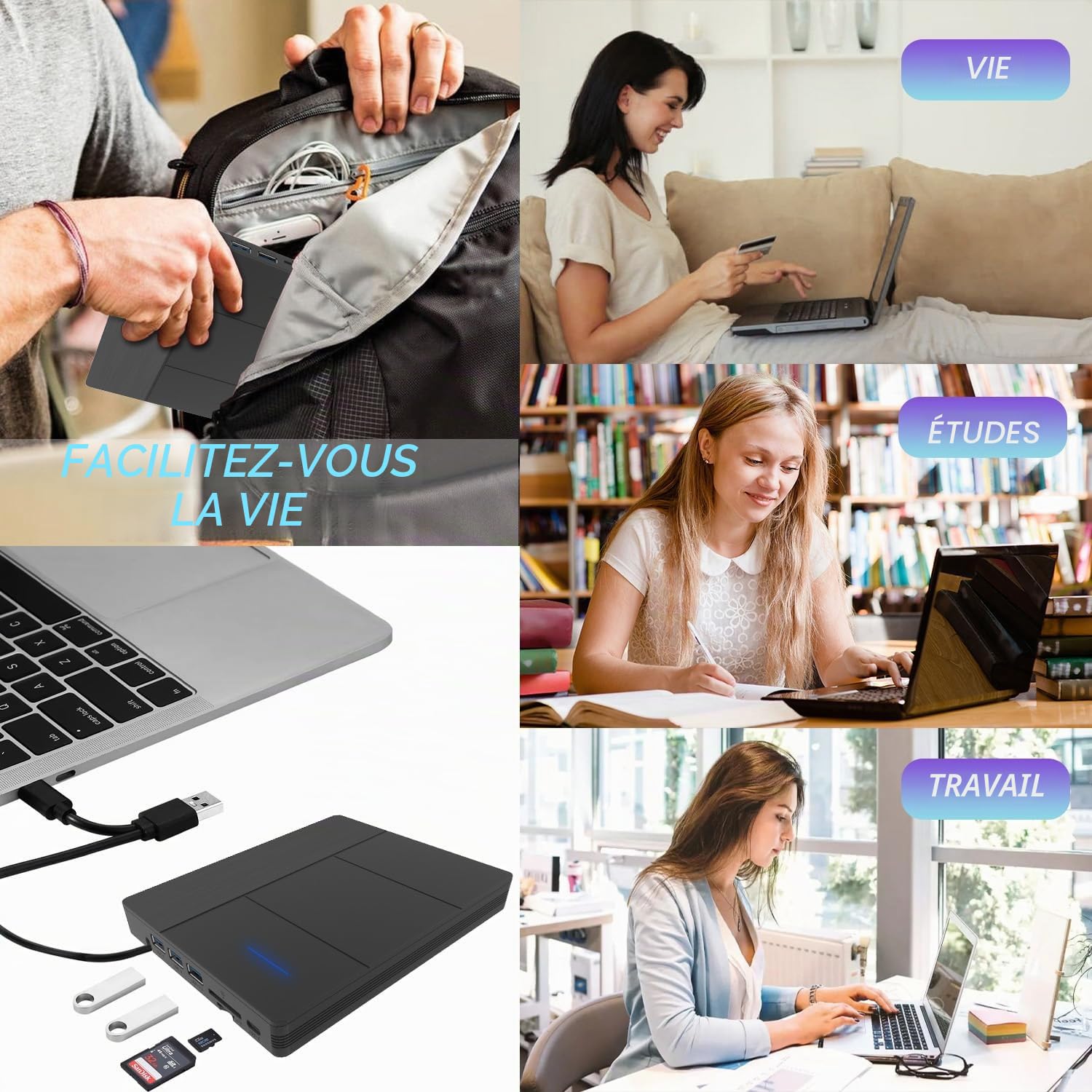 7 en1 Lecteur Blu-Ray Externe - Lecteur Graveur Blu Ray avec USB 3.0 Type-C, DVD/BD Portable Externe Lecteur Blu Ray Externe, Graveur Optical Bluray Drive pour PC Windows 1110 8 7 XP