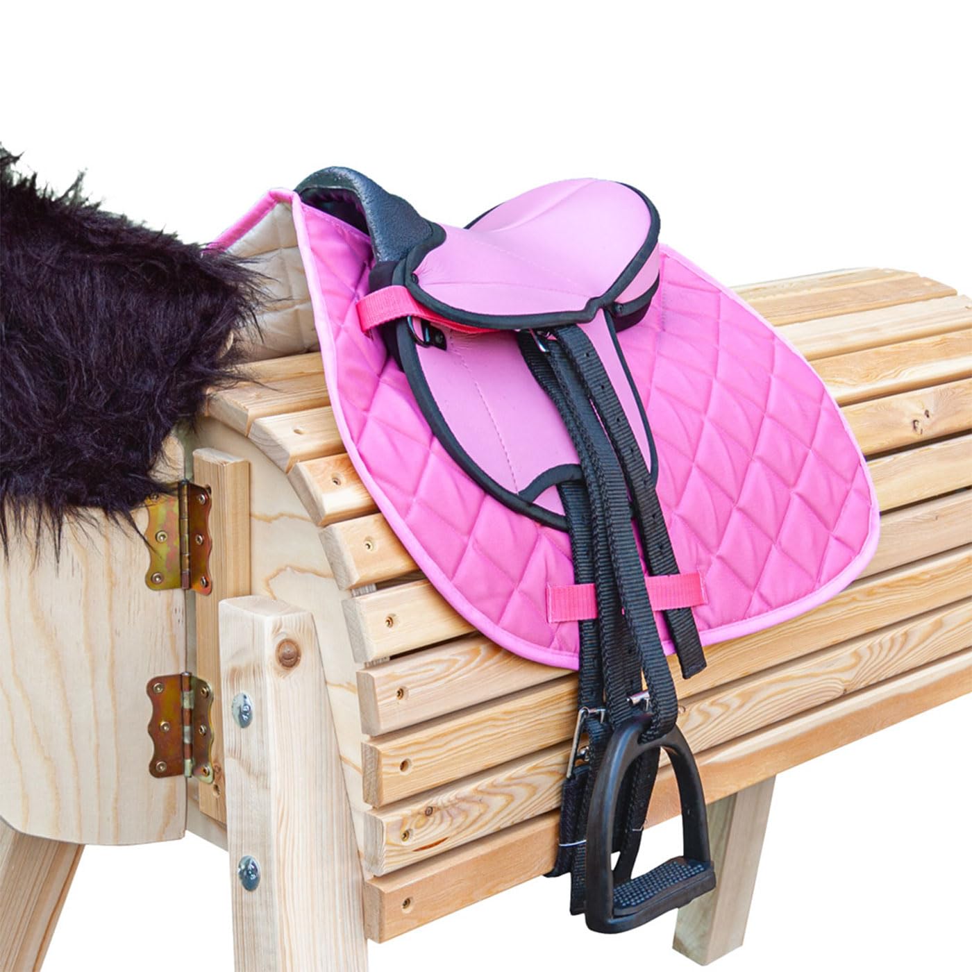 Brama West Set sella per cavallo in legno "My Happy Pony" | Sella per shetty, cavallo in legno e cavallo in peluche | con tappetino da sella, cinghia, pinze e pinze (rosa)