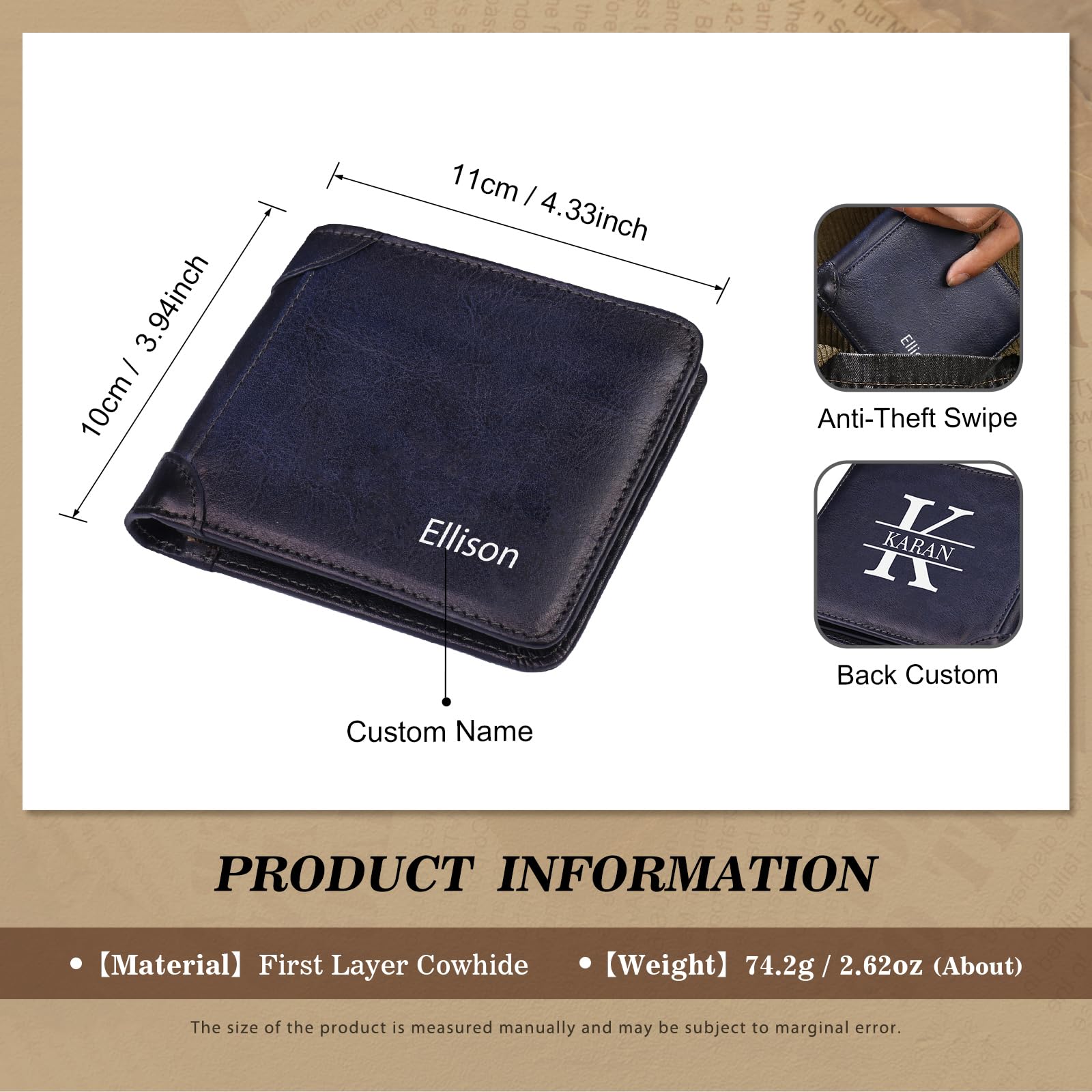 Cartera personalizada con bloqueo RFID para hombre, cartera de piel plegable con imagen para papá, marido, regalo para cumpleaños, Navidad, San Valentín, azul, (Rfid-blue), Cartera para