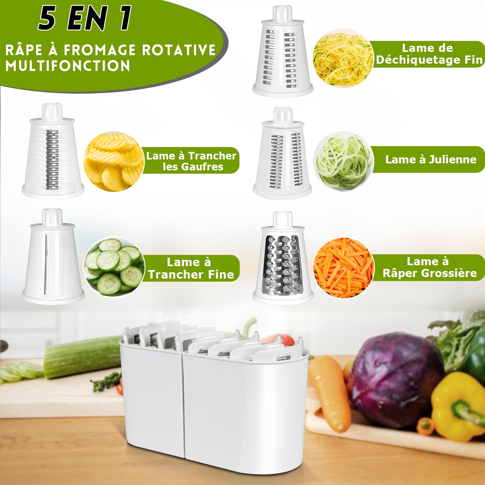 Râpe à Fromage Rotative 5 En 1 Midyb - Rapeuse Légumes Manuelle Avec Gants Anti-Coupure, Idéale Pour Carottes, Salade Et Fruits