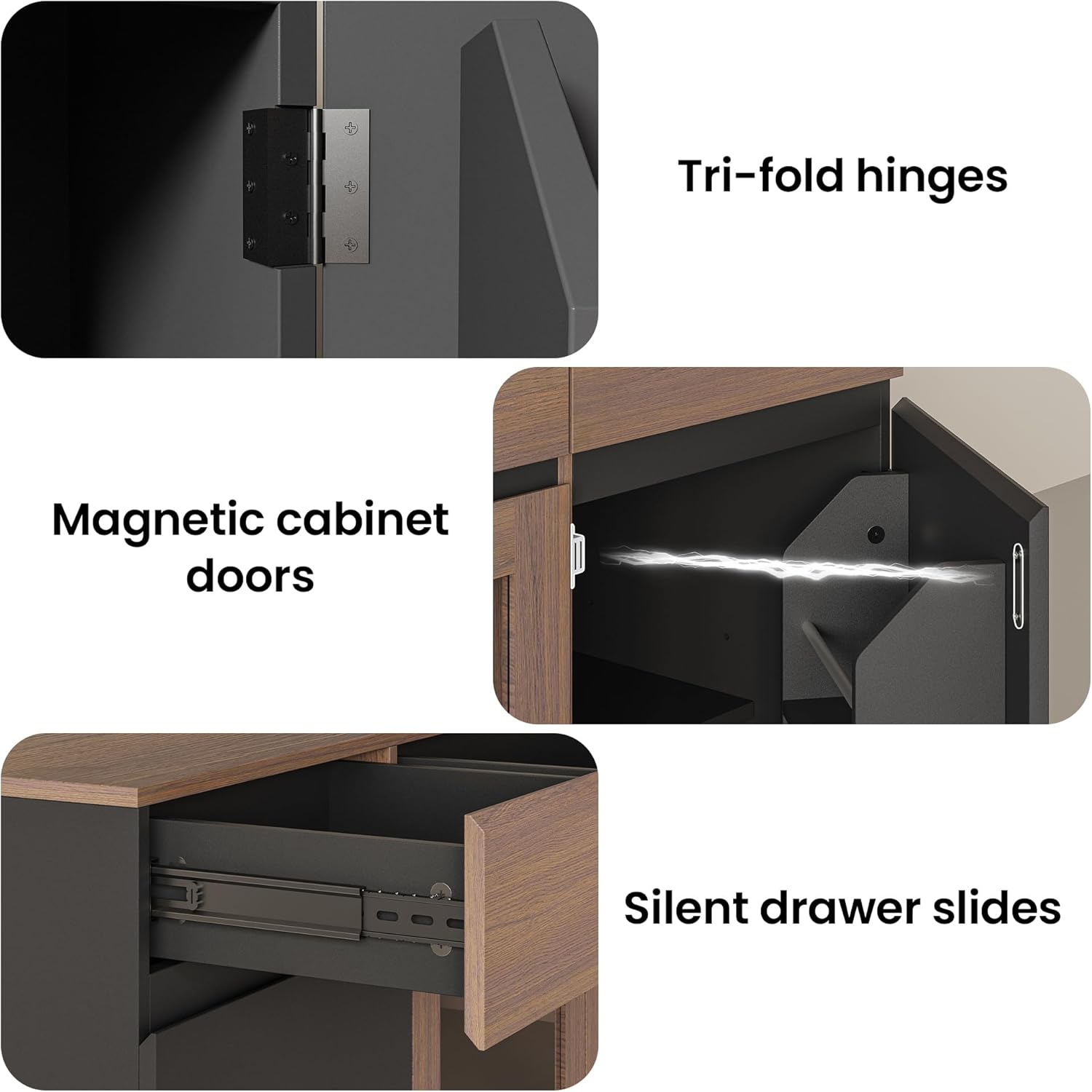 ModernMate 63" Sideboard Buffet Cabinet with Drawers, Large Credenza Storage Cabinet with Adjustable Shelves, Glass Doors & LED Lights, Black & Dark Walnut