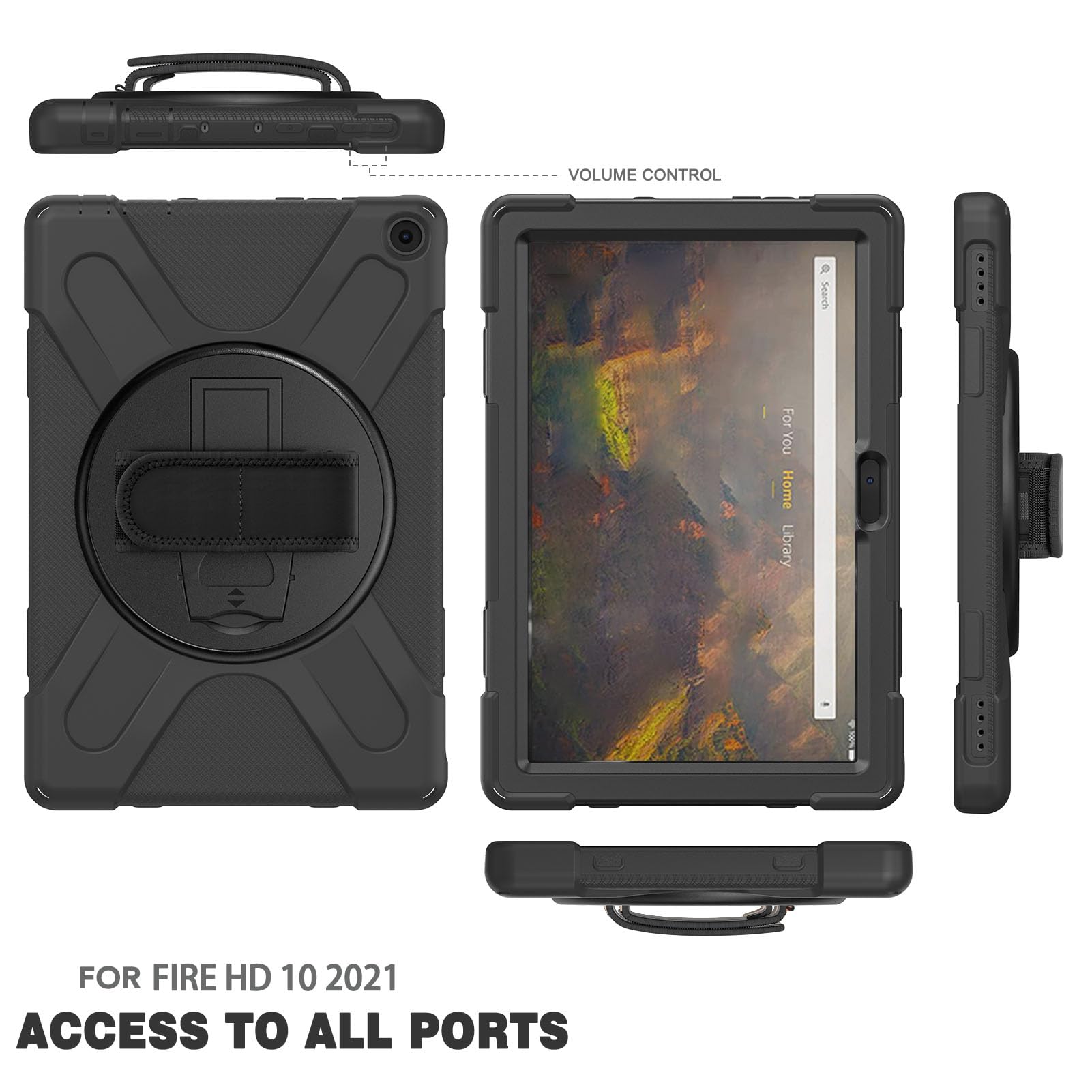 Lazmin112 Custodia per Tablet Fire HD 10, Copertura per Tablet a Protezione Multipla Staffa Girevole a 360 Gradi con Spallacci Custodia Antiurto, Custodia per HD 10 Plus 2021 (Nero)