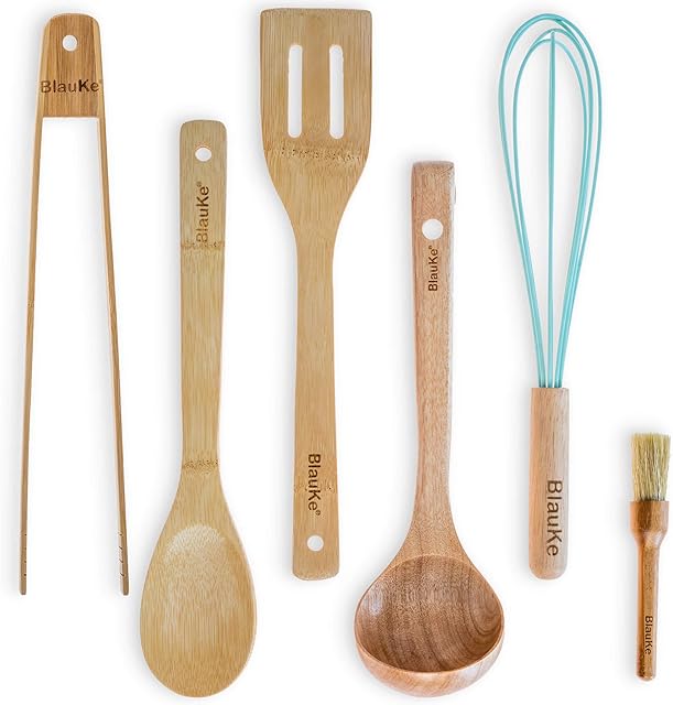 BlauKe® Wooden Kitchen Utensils Set of 6  Wooden Spatulas for Cooking, Wooden Spoons, Tongs Ladle Whisk Brush  Non Stick Bamboo Cooking Utensils