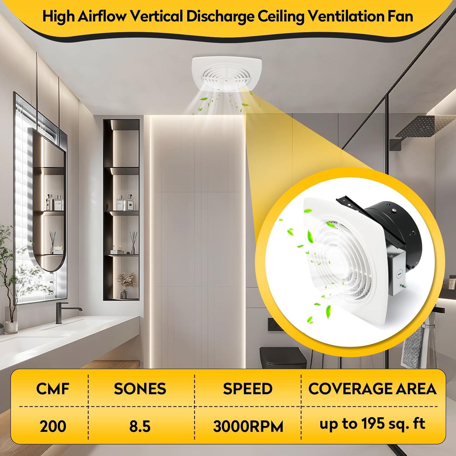 505 High Airflow Bathroom Fan for Ceiling – 8 Inch Fan with Powerful 200 CFM, Bathroom Exhaust Fan, Kitchen Exhaust Fan, Household Ventilation Fans