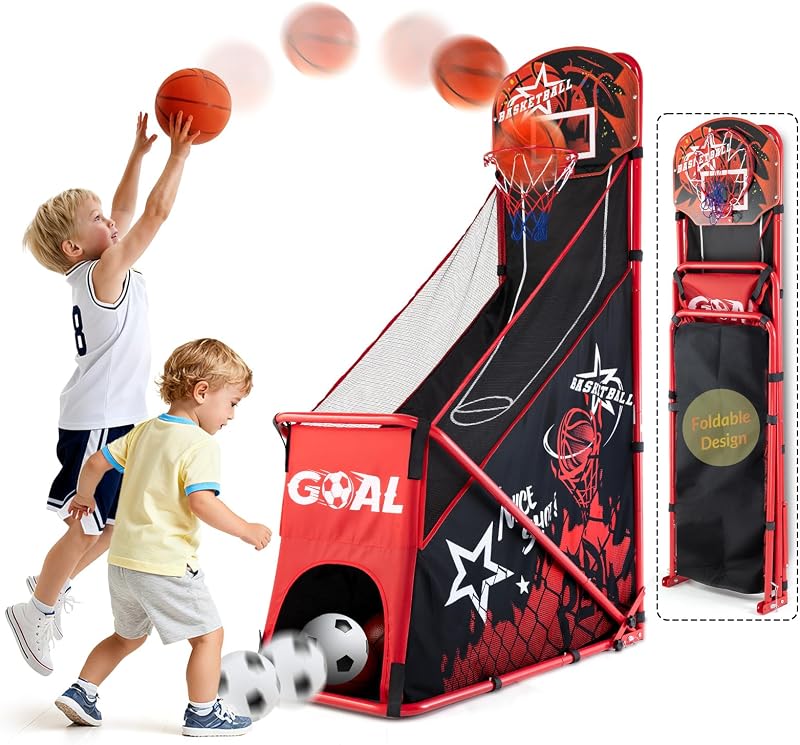 Foldable Basketball Arcade Game for Kids: 2 in 1 Basketball Hoop and Soccer Goal Set with Sturdy Metal Frame