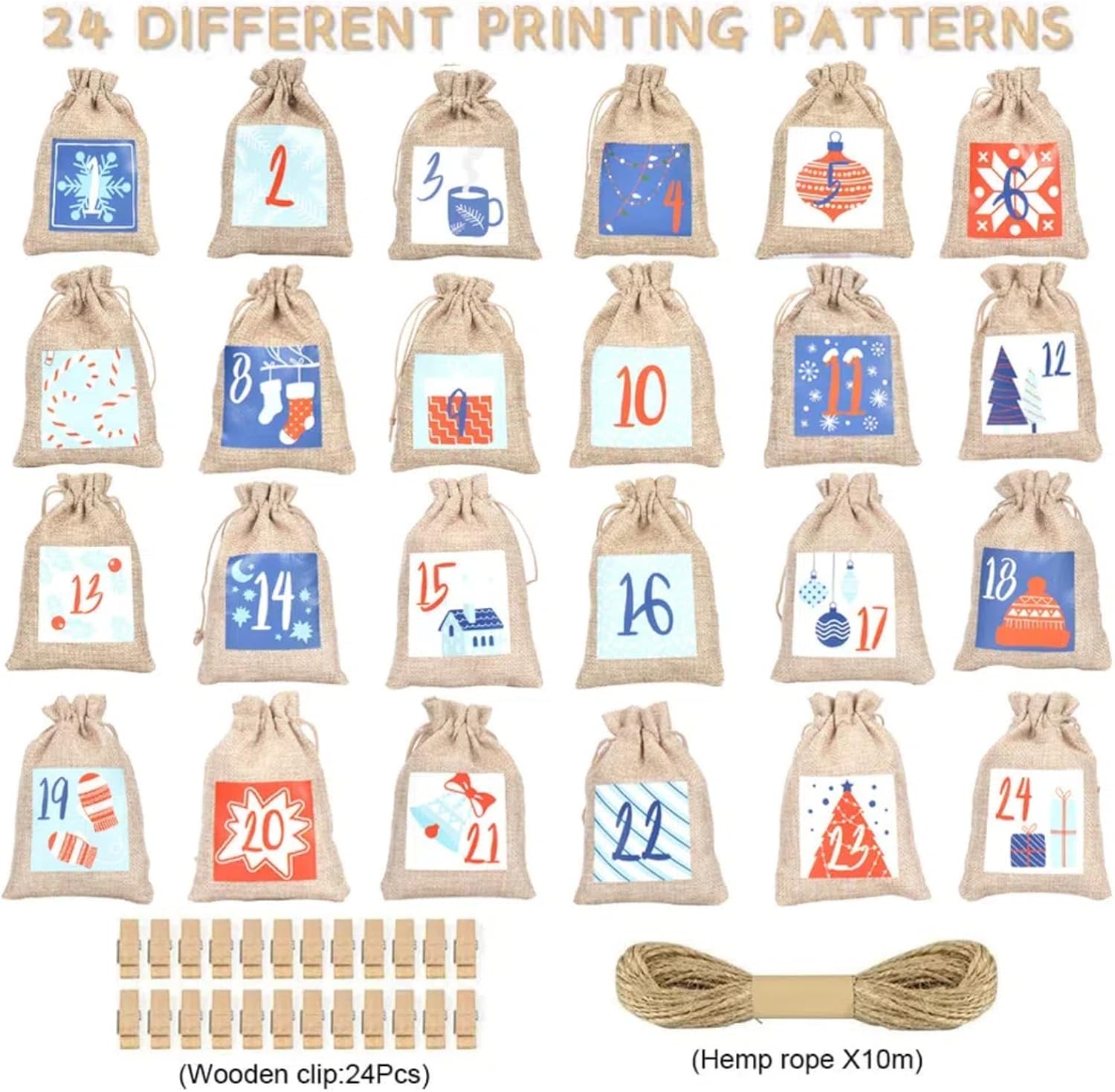 24 Pcs Christmas Advent Calendar Number Bags with Drawstring Closure, 24 Days Countdown Calendar Bags for Xmas gifts, Reusable Christmas gift Bags with Rope and Clips for Winter Holiday Party Favor