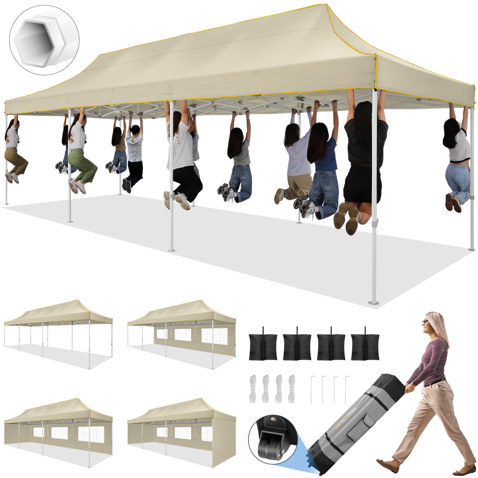 HOTEEL 10x30 Pop up Canopy Tent for Parties, Heavy Duty Easy Setup Tent with 5 Sidewalls, Outdoor Commercial Instant Gazebo for Wedding Event, with Roller Bag & Sand Bags, Khaki(Hexagonal Frame)