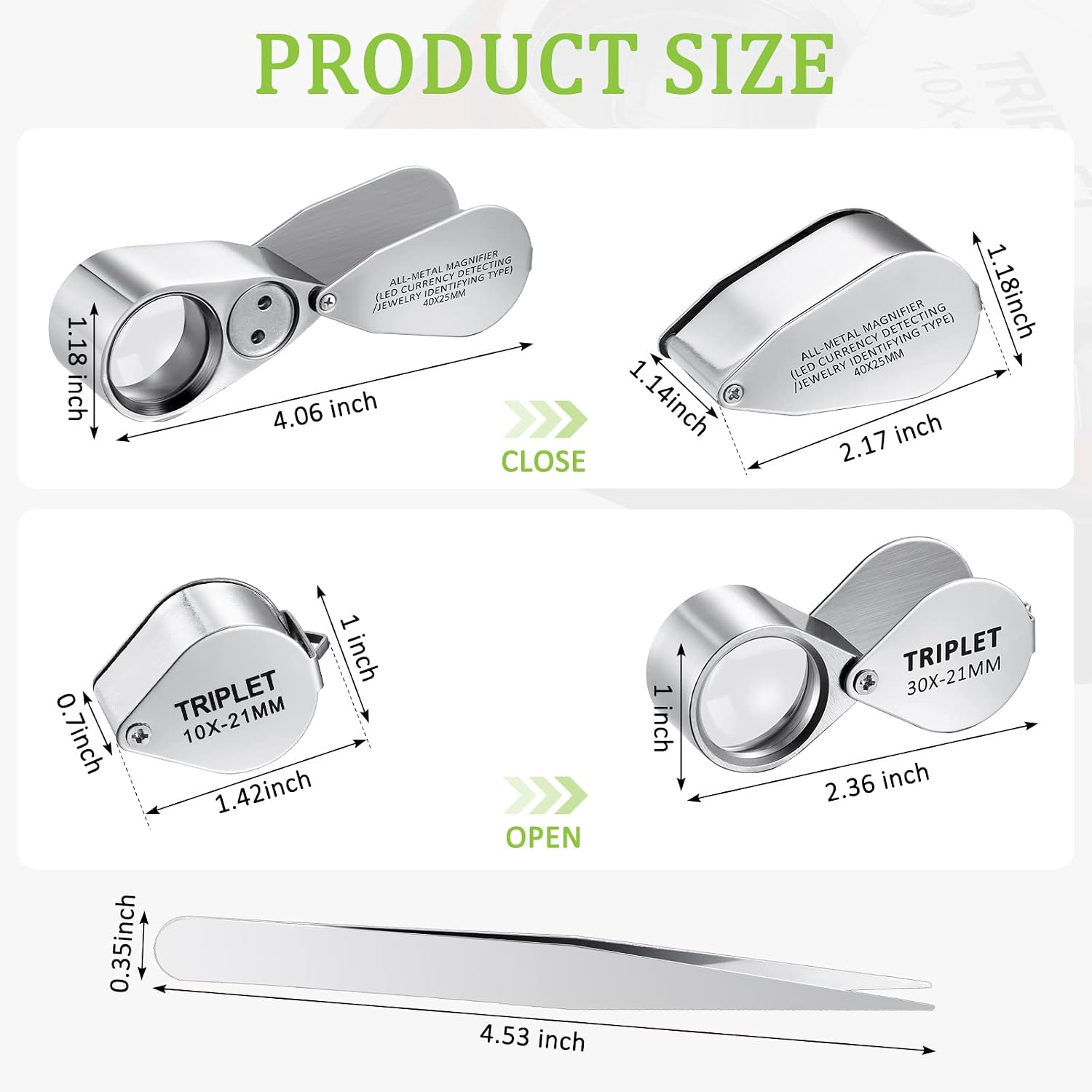 5 Pcs SEEWEY 40x Metal Jewelers Loupe Magnifier with Light Illuminated LED Magnifying Glass 10x 20x 30x Jewelry Eye Loop Folding Pocket Magnifying Glass with Tweezers for Close Work Stamps Coins