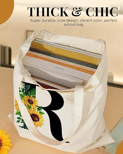 Miniatura 5 de AUSVKAI Bolsa de lona estética para mujer, lindas bolsas de girasol con iniciales de moda con asa para comestibles