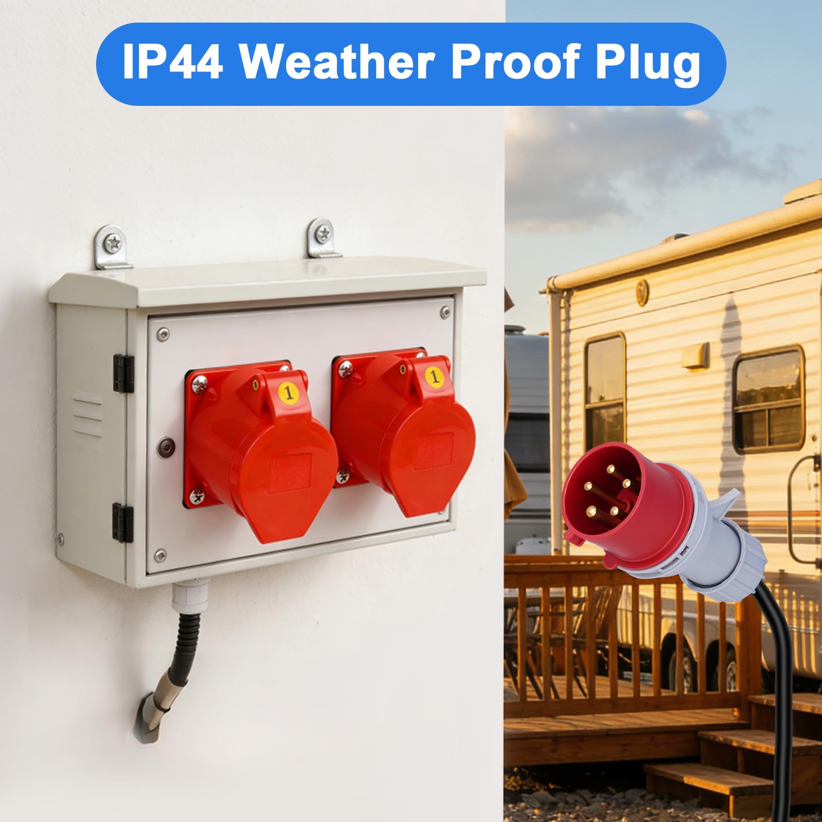 Adaptateur CEE 380 V vers 220 V – Adaptateur courant fort 5 broches 32 A Fiche CEE – Répartiteur IP54 avec 3 prises Schuko 16 A – Boîte à fusibles IP65 avec 3 disjoncteurs 16 A – Câble