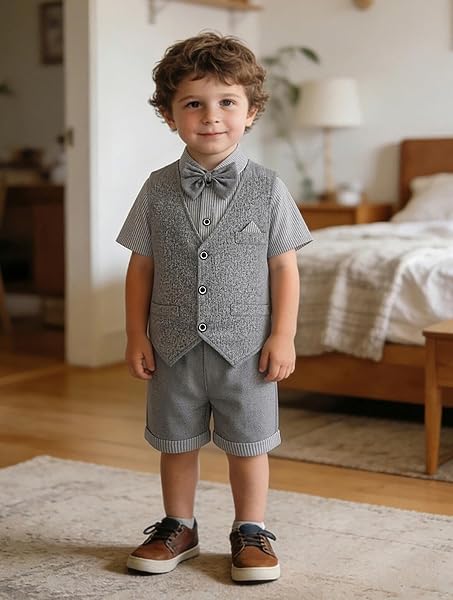 [Suerba] ベビー フォーマル 男の子 スーツ 夏用 半袖 キッズ セレモニー 3点セット子供服 ハーフバースデー 1歳 誕生日 結婚式 お呼ばれ - 4