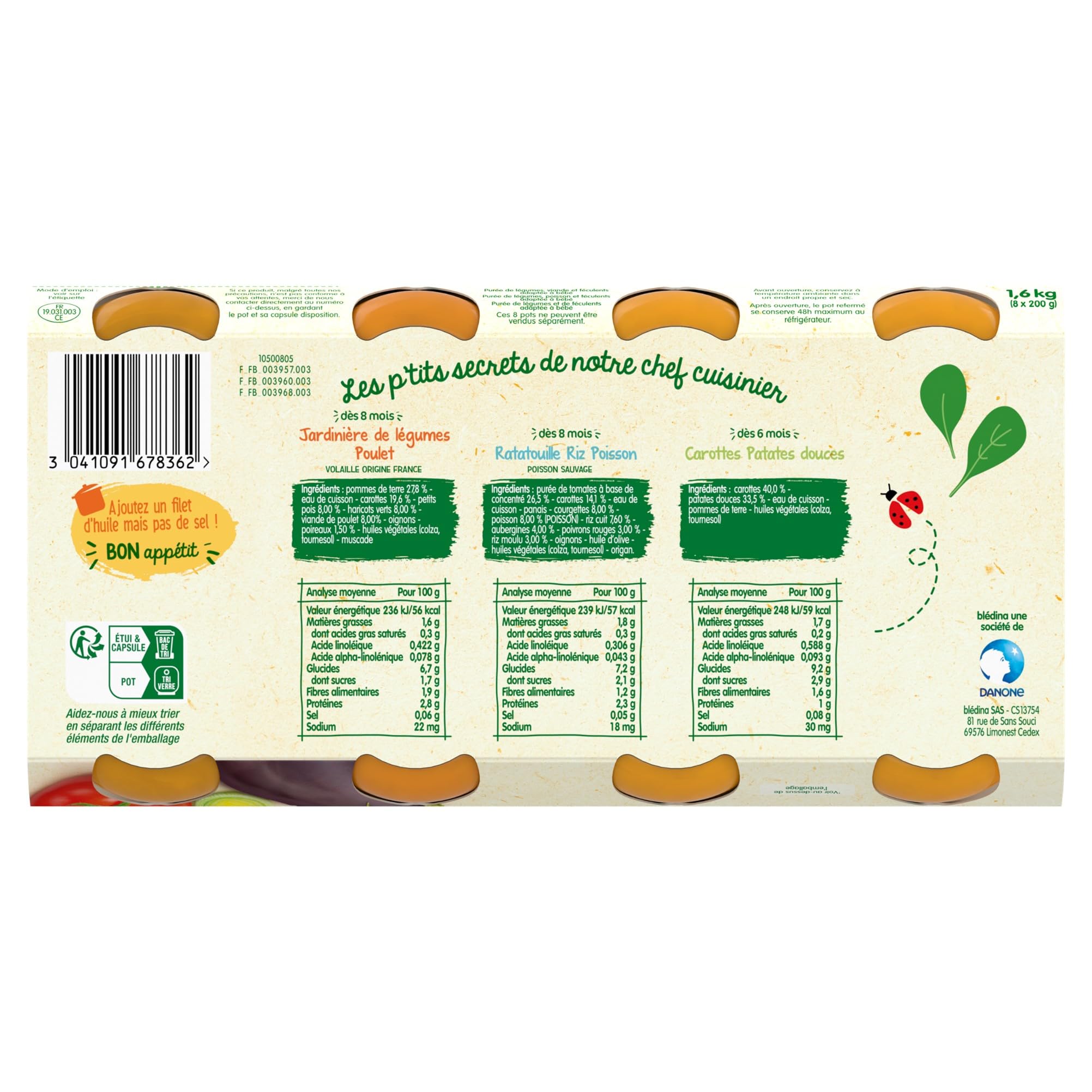 Blédina Petits Pots pour bébé, Dès 8 Mois, Légumes Poulet / Ratatouille Riz Colin / Carotte Patate Douce, 24x200g (3 packs)