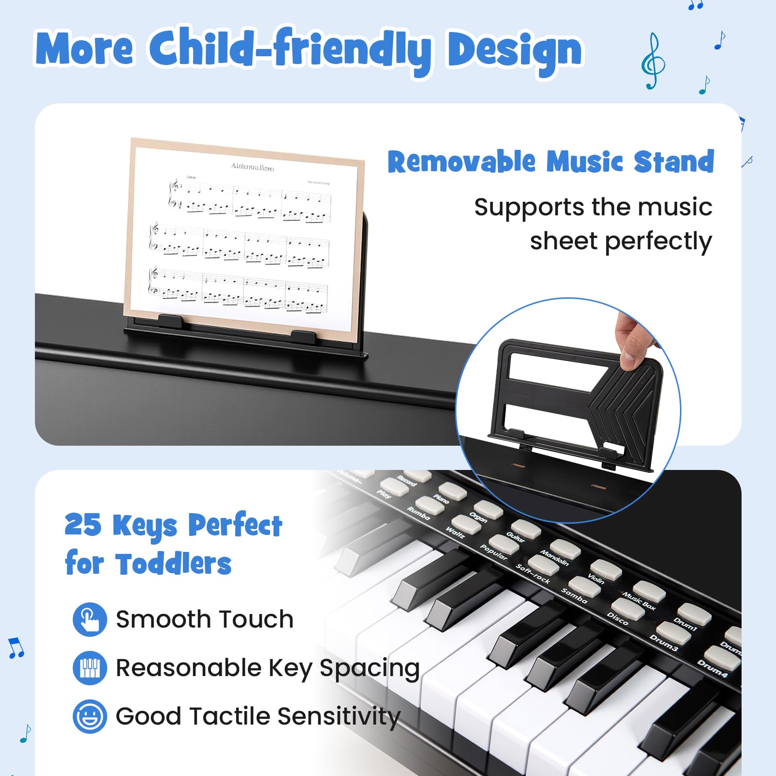 KOMFOTTEU Pianoforte digitale a 25 tasti per bambini, pianoforte in legno con leggio, tasti illuminati, modalità didattica, 6 strumenti, 8 percussioni, tastiera per pianoforte con registrazione e