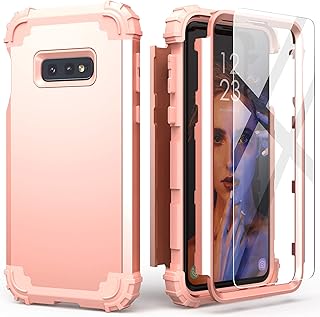 IDweel Galaxy S10E Case with Tempered Glass Screen Protector, Galaxy S10E, Hybrid 3 in 1 Shockproof Heavy Duty Protection Hard PC Cover Soft Silicone Rugged Bumper Full Body Cover, Rose Gold