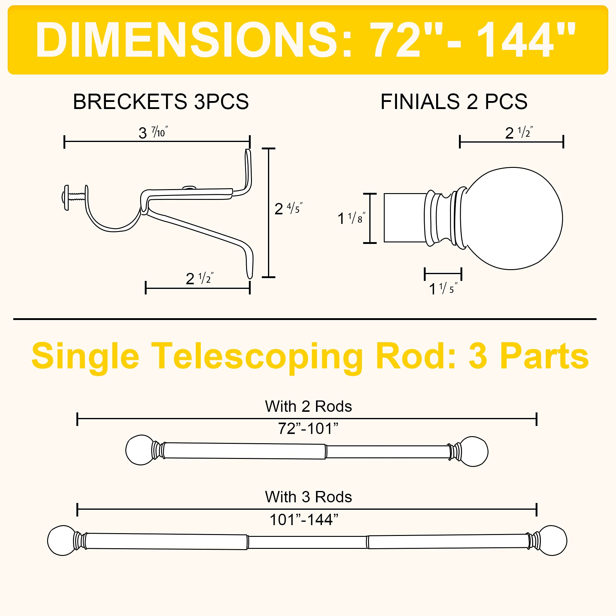 NICETOWN Drapery Single Curtain Rod Set with Classic Round Finials/Ball Caps, 1 1/8 inch Diameter Adjustable Length 72 to 144" Length, Black
