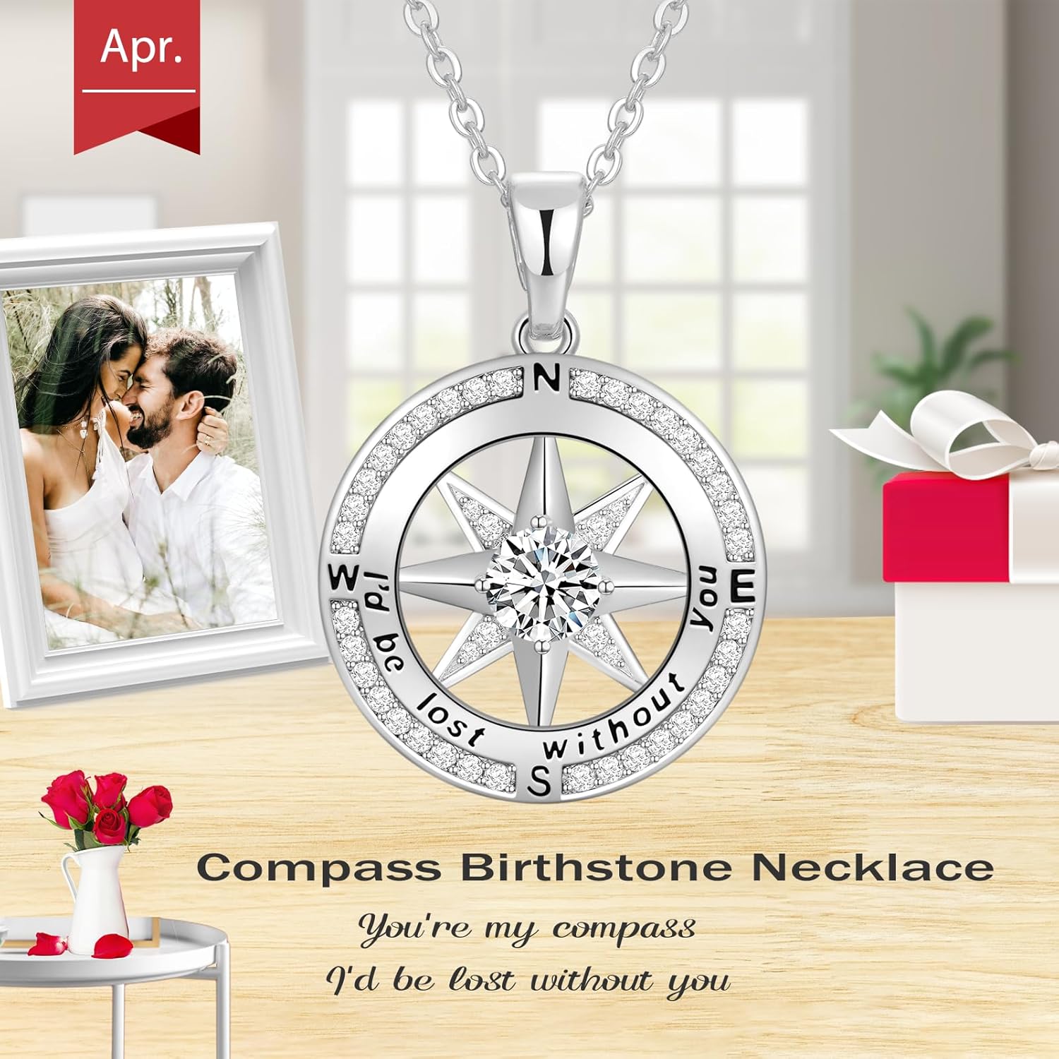 Peeshow Gifts for Women Wife-Compass Birthstone Necklace Gift for Wife Birthday Wedding Anniversary Women Jewelry for Her Girlfriend S925 Sterling Silver - Image 3