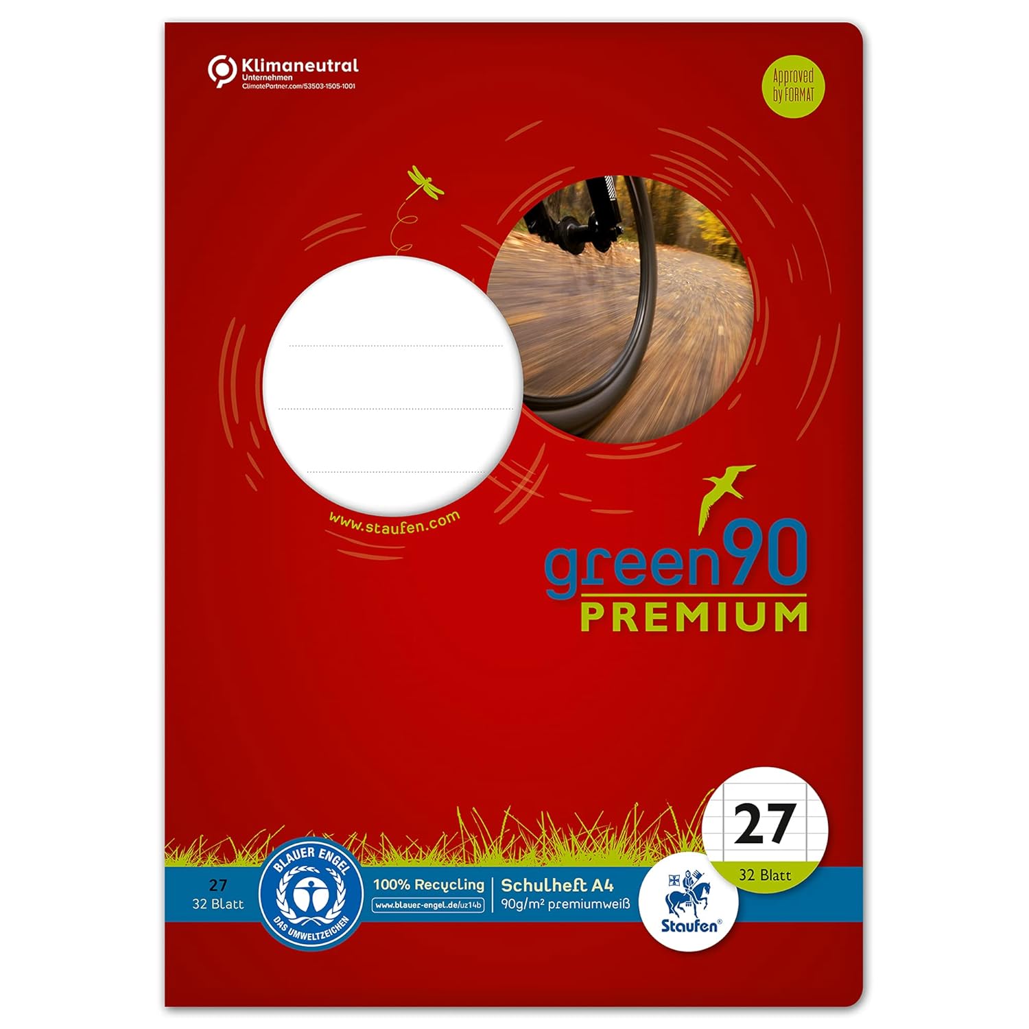 Staufen Green notebook - DIN A4, line style 27 (9 mm lined with margines), 32 sheets, 90 g/m² recycled paper, round corners prevent donkey ears, 4 different designs (not possible), 1 piece      Office Product – April 16, 2021