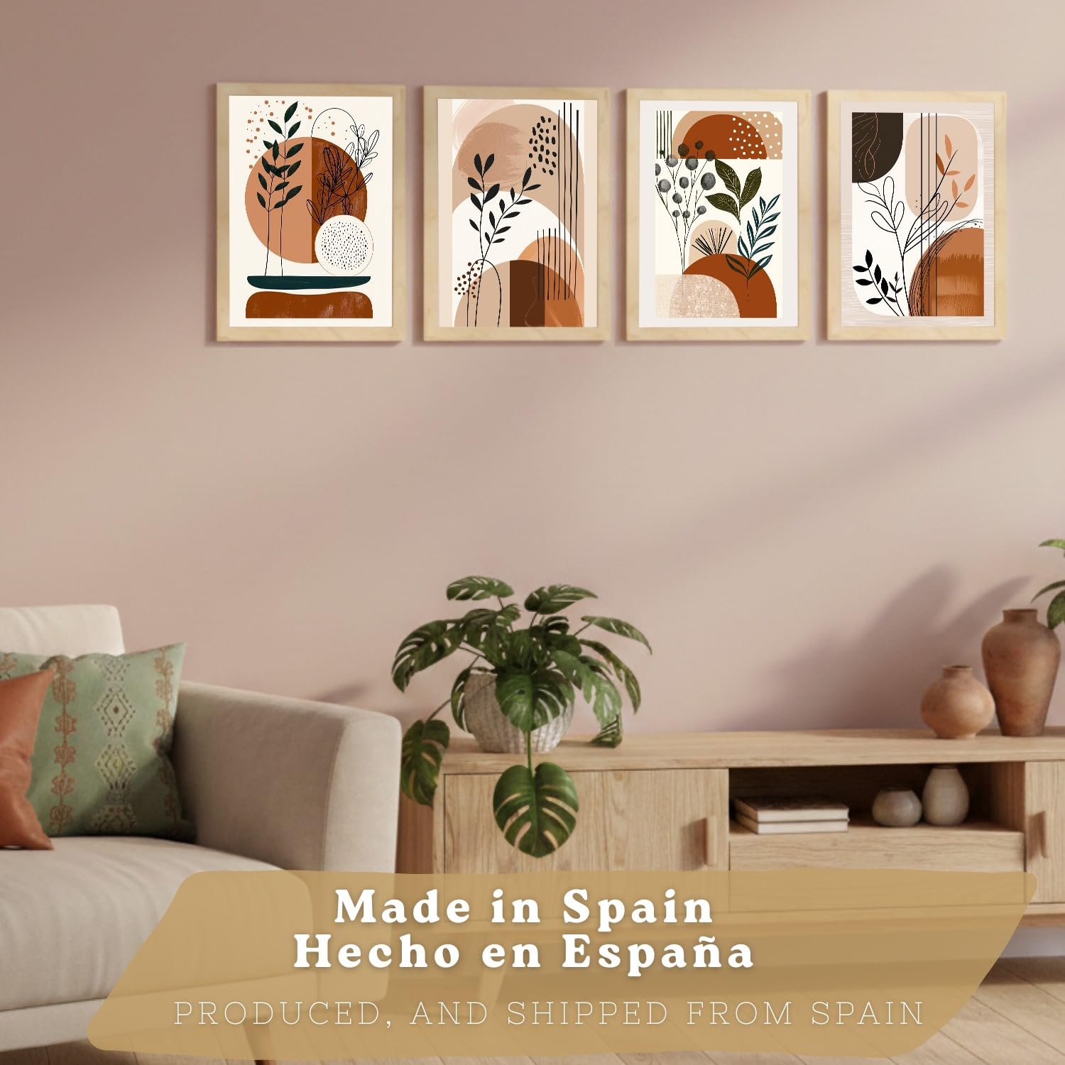Nacnic Set De 4 Laminas Decorativas Formas Abstractas Botanicas Cuadros Salon Modernos - Posters Decorativos Plantas Marrones Decoración Dormitorios Cocina Baño A3 Marco Madera Clara