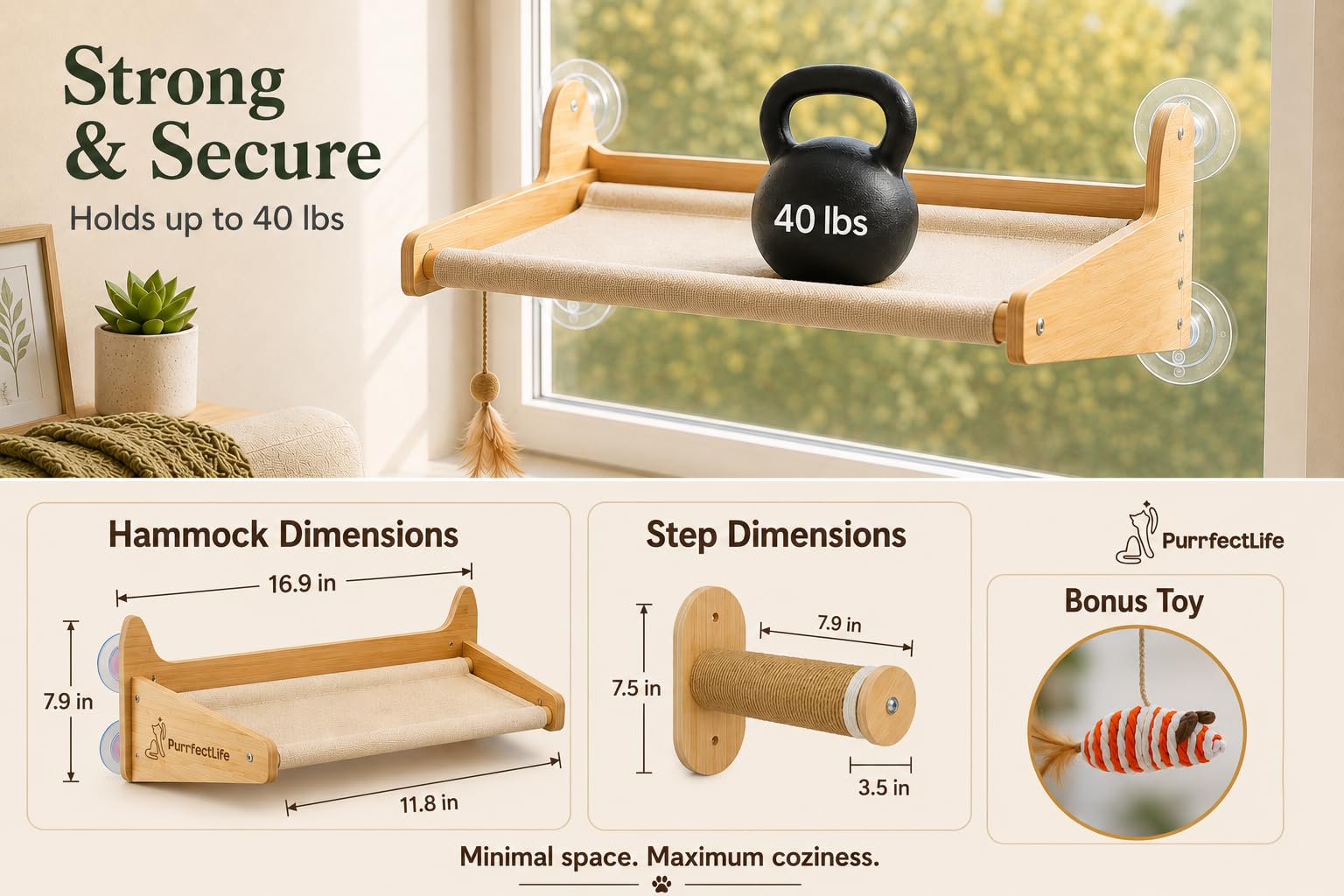Hamaca para gatos para ventana y pared (2 en 1) - Percha de madera de color sólido y natural con 2 escalones - Hamaca 100% algodón - No necesita herramientas - Gratis: juguete para gatos