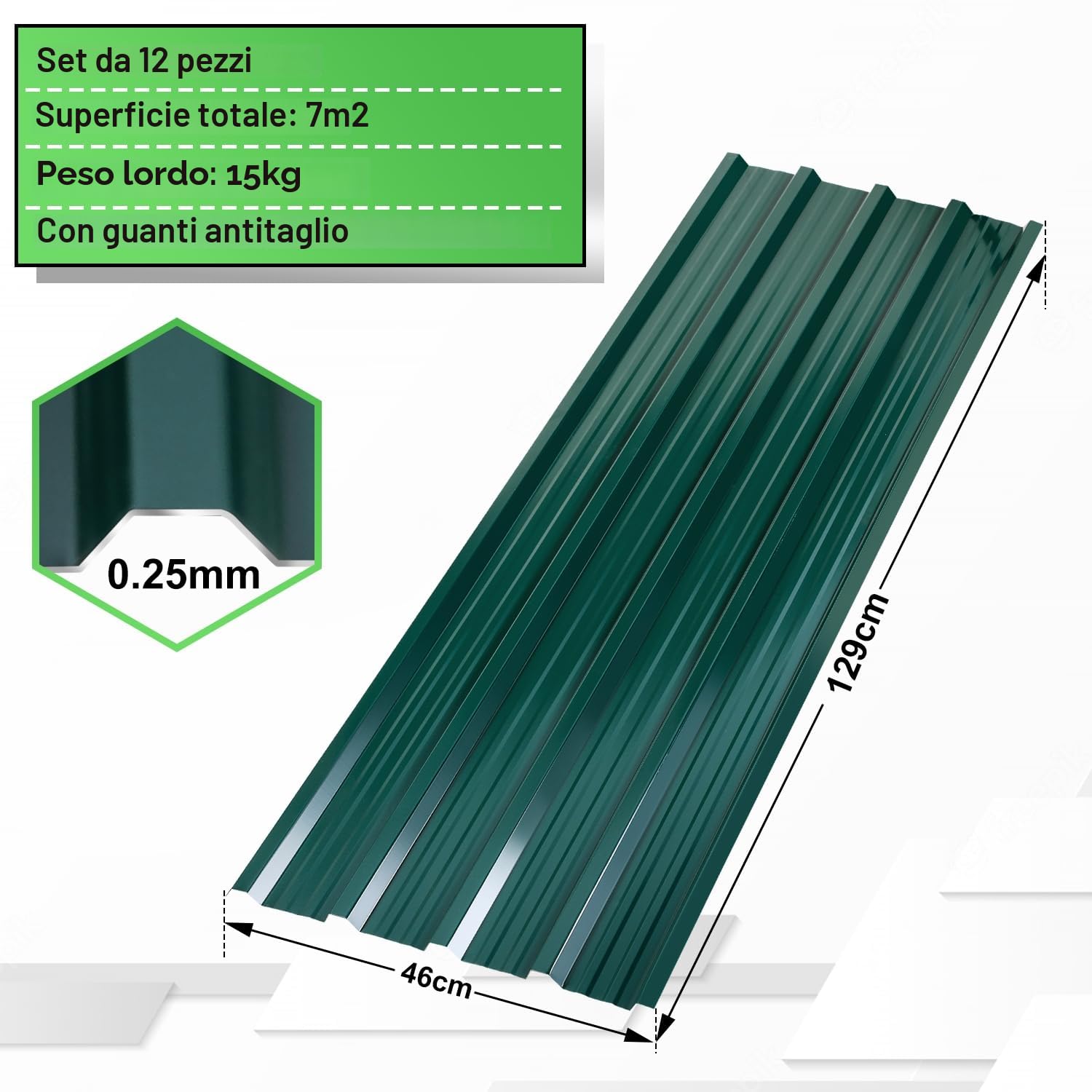 24 lastre per tetto in lamiera ondulata zincata, con spessore da 0,25 mm, da 129 x 46 cm,per una superficie totale di 14 m², per capannoni d’auto, capannoni per attrezzi e coperture per tetti