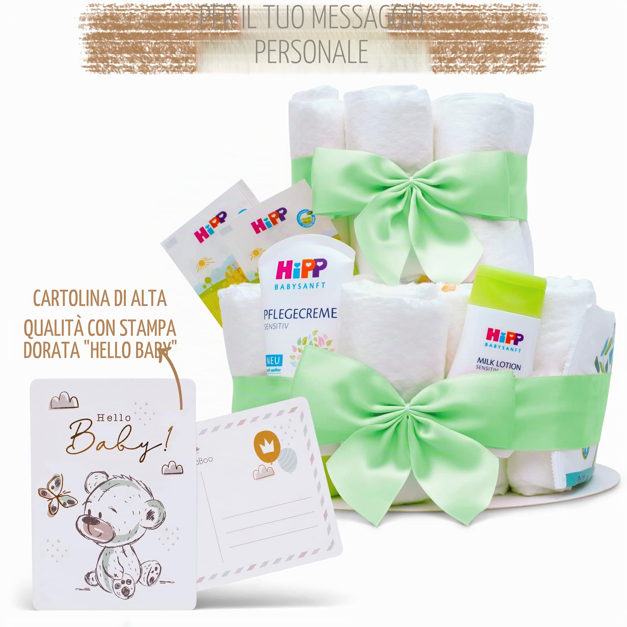 MilaBoo® Torta di pannolini neutra a 3 piani con prodotti premium di I, regalo speciale per la nascita (verde a 3 piani)