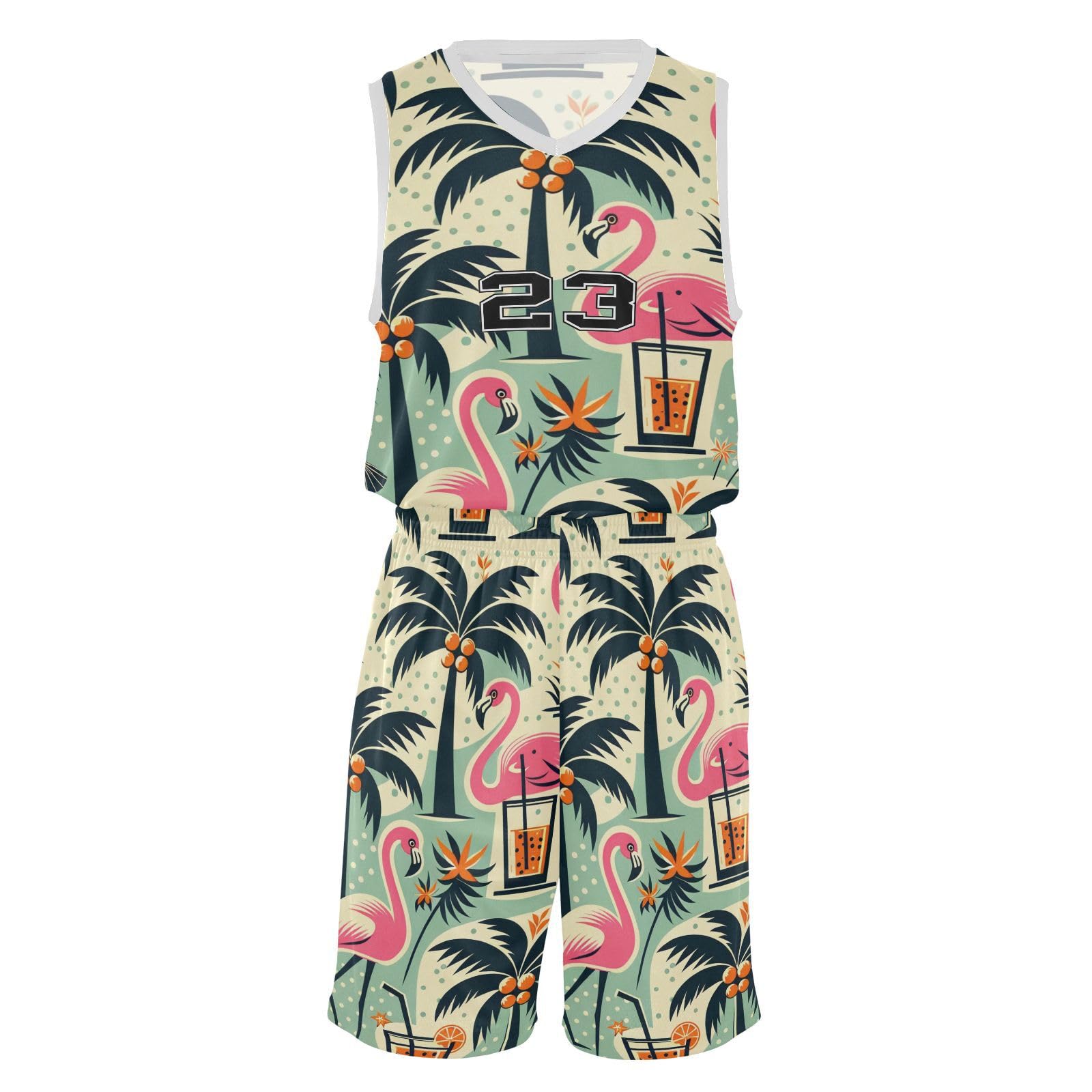 FLildon Tropical Trees Flamingos Drinks Boys Basketball Jersey Set Tank Top Shorts Tracksuit Sport Training Suit for Kids, XL
