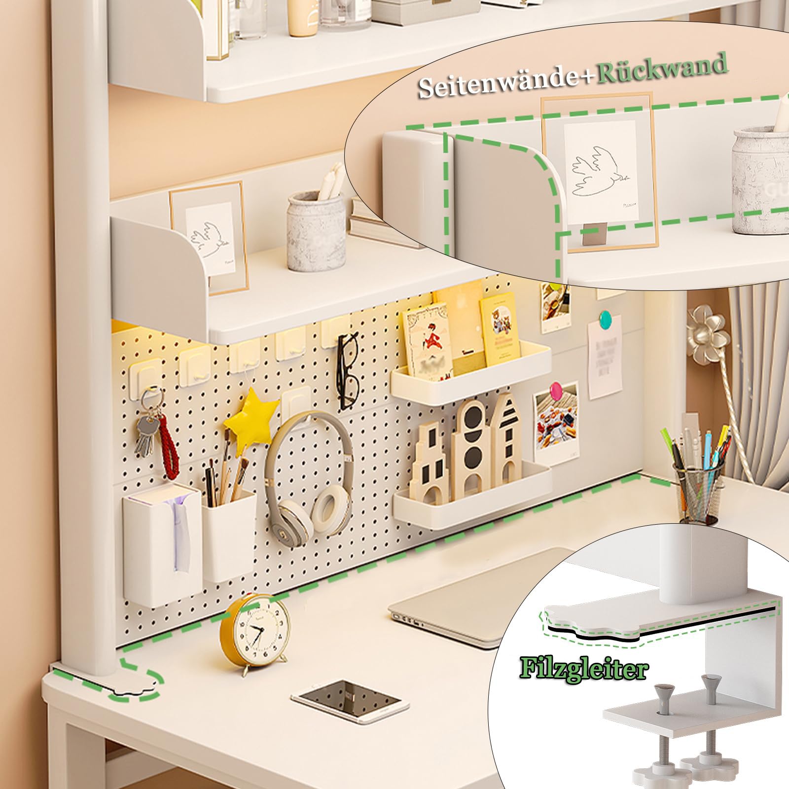 Klemmbare Schreibtisch Regal, 3 Ebenen Büro Computertisch Zubehör Organizer für Büro, Gaming, Zuhause, Aufhängbar, Klemmregal Mit 20 Zubehörteilen, (Weiß, 60x95cm)