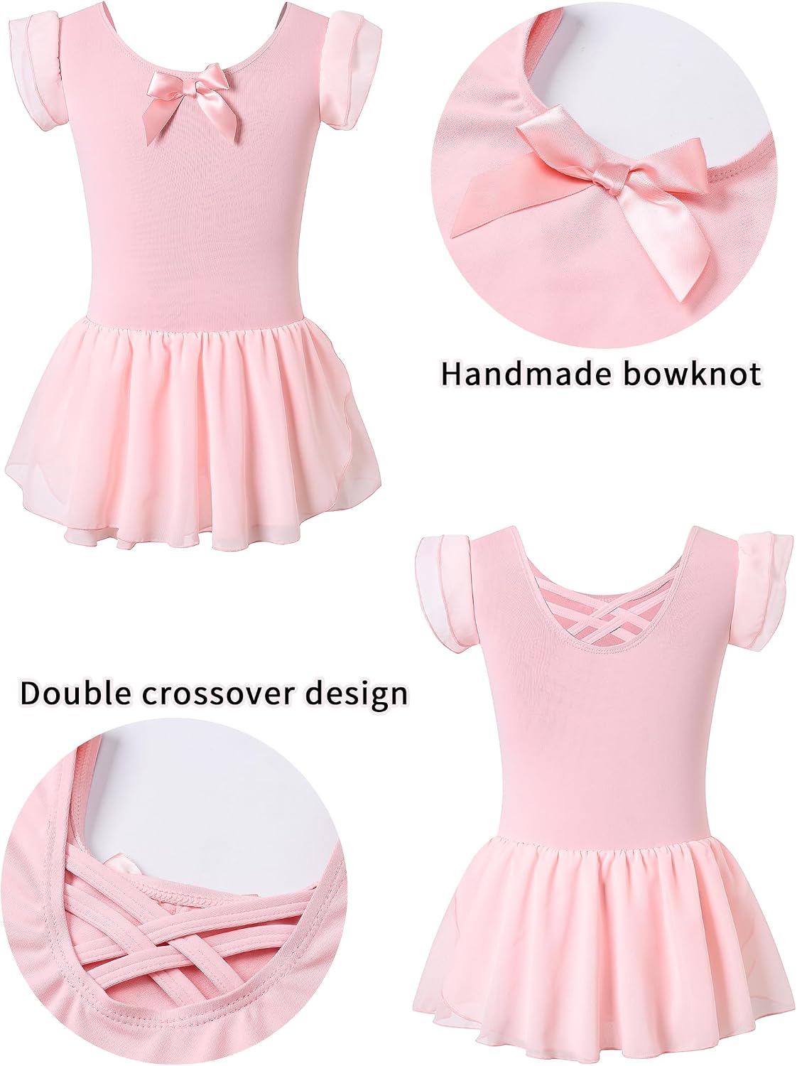 Girls Ballet Dance Dress Flutter Sleeve Scoop Neck Bow Decor Leotard with Skirt for Class Training Exam 2-10 Years
