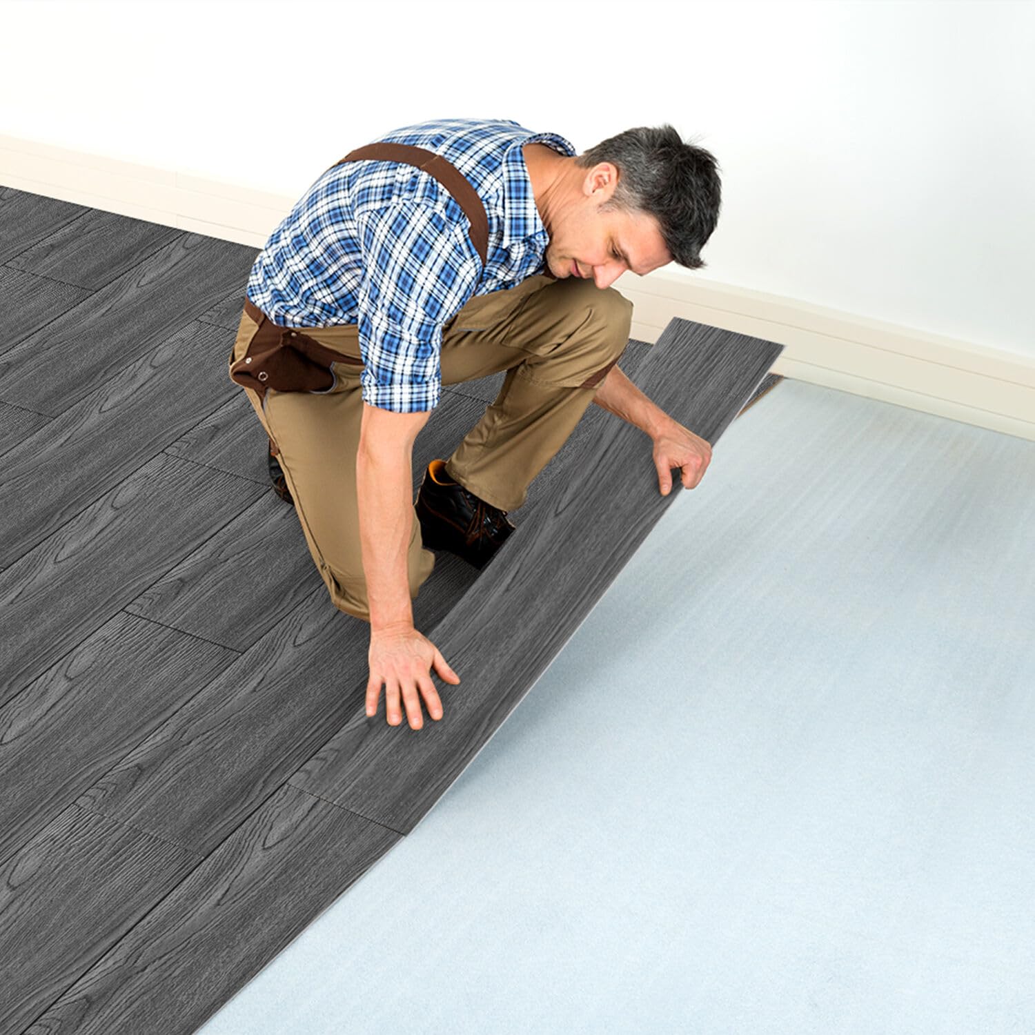 Pavimenti in PVC, autoadesivi, in vinile, 91,44 cm x 15,24 cm, spessore 2 mm, laminato in vinile, antiscivolo, per camera da letto, soggiorno, 36 piastrelle/5 ㎡, grigio scuro