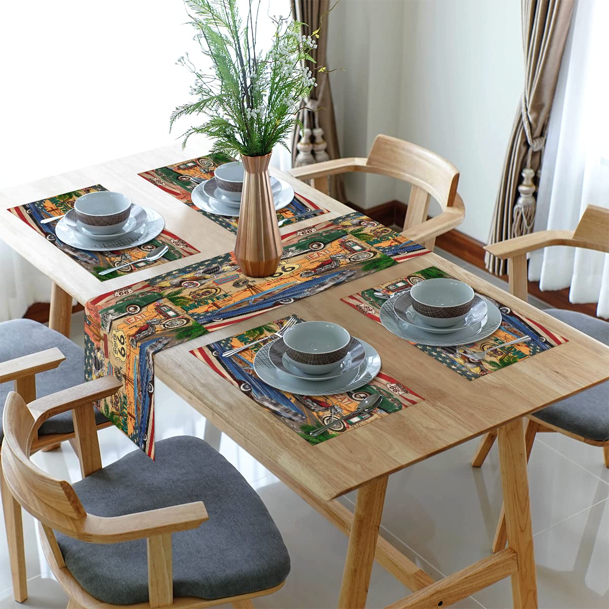 Vintage Poster Repair Route 66 Placemats and Table Runner 30 x 229 cm Vintage Garage Anti-slip Linen Table Mats Set of 6 for Kitchen Dining Table Holiday Dinner Wedding Party