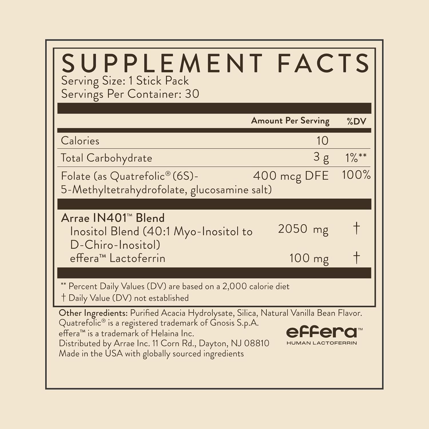 Arrae Inositol Supplement for Women - Supports Healthy Hormonal Balance, Regular Cycles, & Ovarian Health - 40:1 Myo & D-Chiro Raton with Lactoferrin & Folate - Vanilla Flavor - 30 Pack