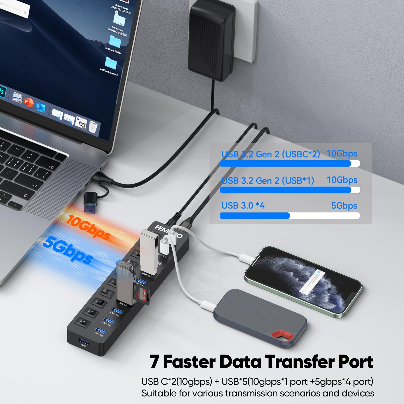 Concentradores USB FE068 (11 puertos, 1 paquete)