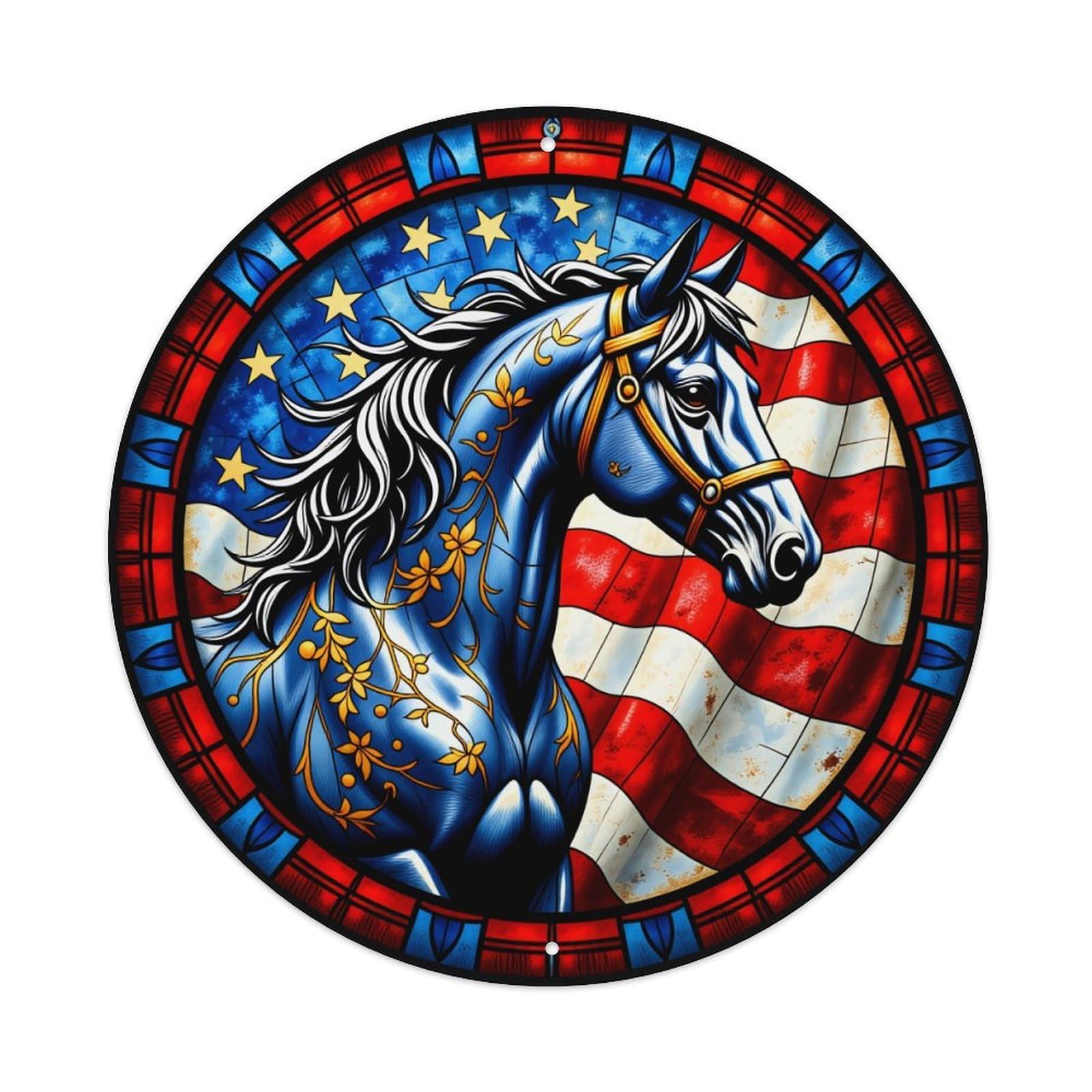 American Flag Horse Stained Glass Round Tin Sign Vintage Style Metal Sign Home Bar Garden Wall Plaque Decor Metal Poster 8x8 Inch