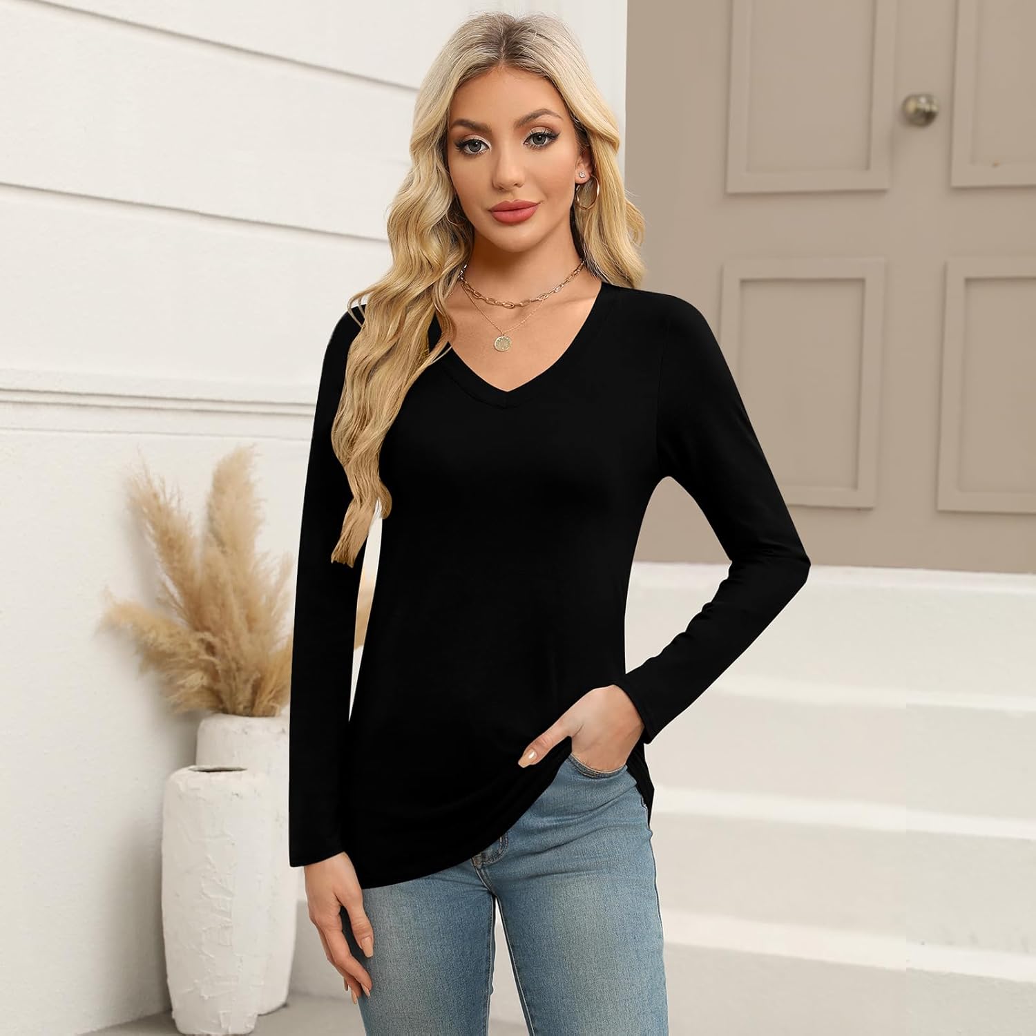 Elesomo Long Sleeve Shirts for Women Cotton Tshirts V Neck Spring Tops Basic Tee - Image 2