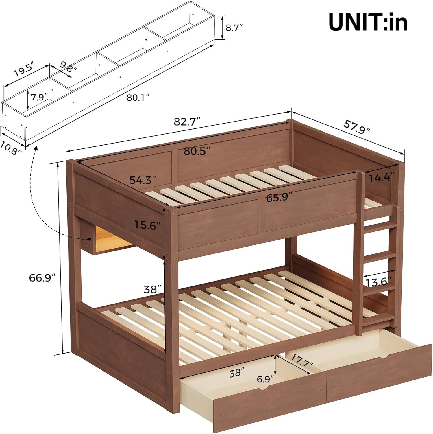 Full XL Over Full XL Bunk Bed with Drawers, Wood Bunk Bed with Storage Cabinets and LED Lights for Kids Teens, Wooden Bunk Beds for Adult, No Box Spring Needed, Brown