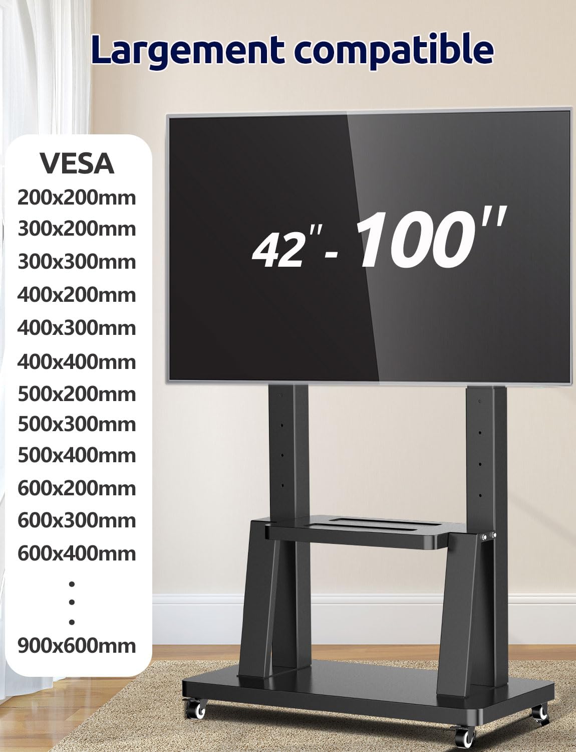 JXMSTWP - Soporte de TV con ruedas móviles para la mayoría de pantallas de 42 a 100 pulgadas, carrito de TV grande en altura ajustable con bandeja, VESA Max 900 x 600 mm, carga 80 kg, soporte para
