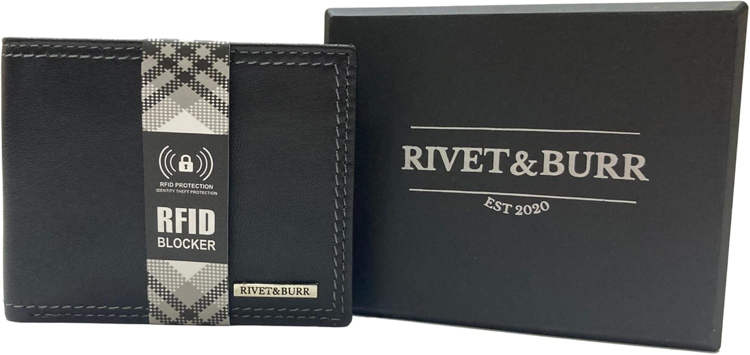 RIVET & BURR Genuine Leather Bifold Wallet for Men with RFID Blocking – Double-Stitched Slim Wallet Gift Set with Keychain, Vanity Tray & Gift Box (Black) - Image 7