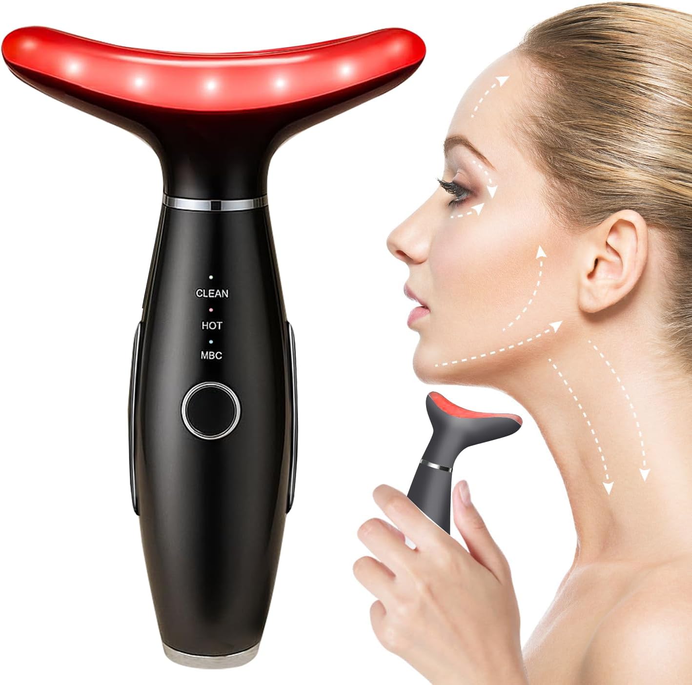 Face Massager -7 Color Red-Light-Therapy for Face and Neck for Wrinkles, Double Chin, Vibrating Facial Massager with Thermals (Black) - Image 7
